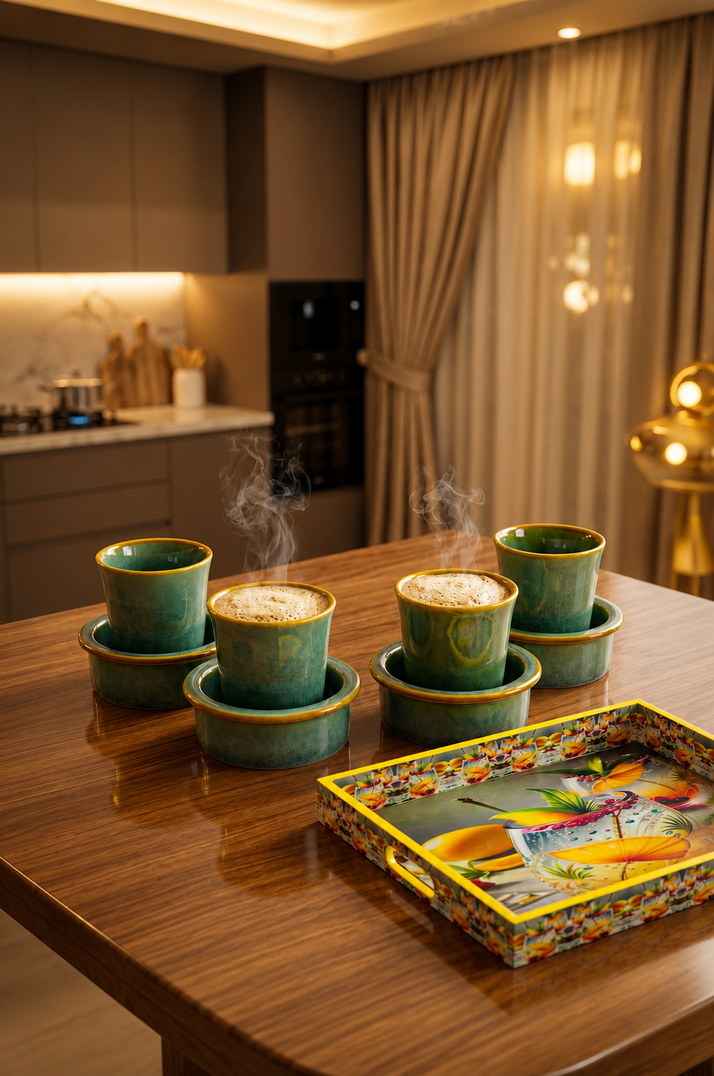 Premium 4 Ceramic South Indian Filter Coffee Cup Set with Designer Serving Tray | Traditional Coffee Tumbler Set for Espresso, Tea & Coffee | Elegant Drinkware for Home, Office & Gifting