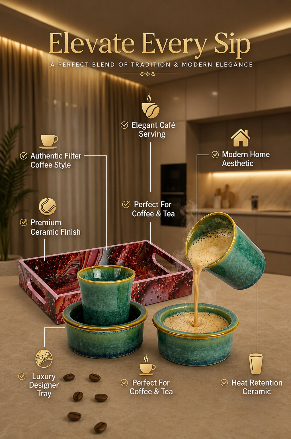 Premium 2 Ceramic South Indian Filter Coffee Cup Set with Designer Serving Tray | Traditional Coffee Tumbler Set for Tea, Espresso & Coffee | Elegant Drinkware for Home, Office & Gifting