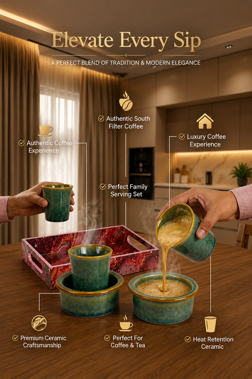 Premium 2 Ceramic South Indian Filter Coffee Cup Set with Designer Serving Tray | Traditional Coffee Tumbler Set for Tea, Espresso & Coffee | Elegant Drinkware for Home, Office & Gifting