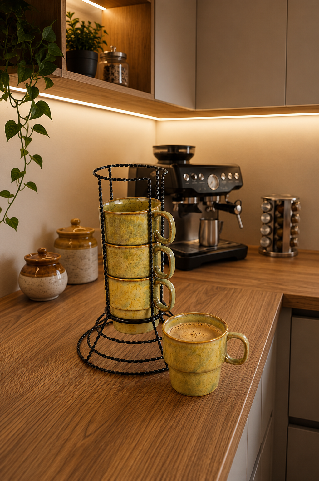 Premium Ceramic Coffee Mug Set with Metal Holder Stand (Set of 4) | Space Saving Stackable Tea & Coffee Cup Set | Vertical Mug Organizer for Home, Office & Kitchen