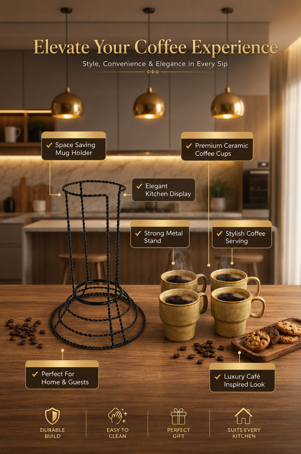 Premium Ceramic Coffee Mug Set with Metal Holder Stand (Set of 4) | Space Saving Stackable Tea & Coffee Cup Set | Vertical Mug Organizer for Home, Office & Kitchen