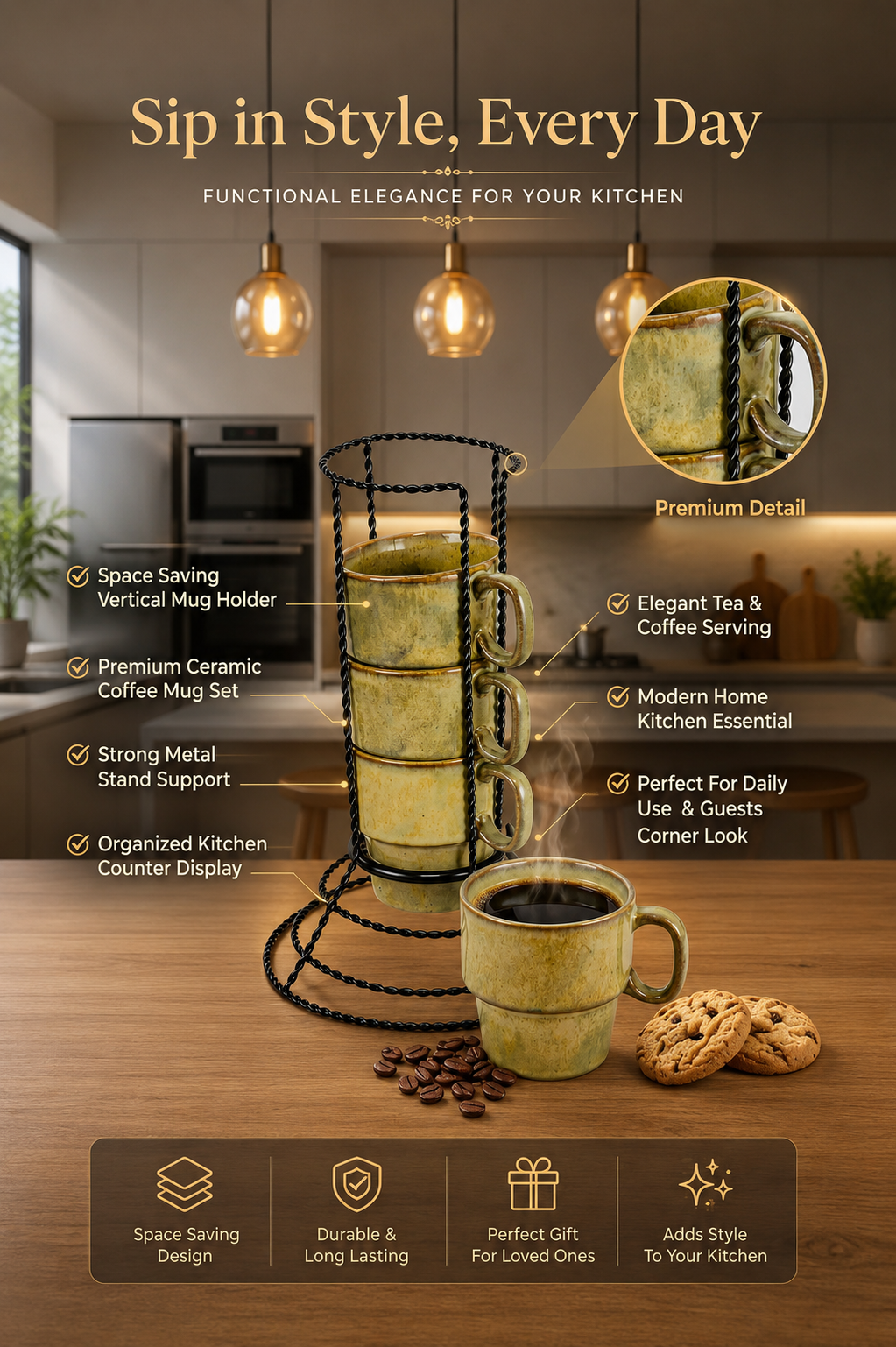 Premium Ceramic Coffee Mug Set with Metal Holder Stand (Set of 4) | Space Saving Stackable Tea & Coffee Cup Set | Vertical Mug Organizer for Home, Office & Kitchen
