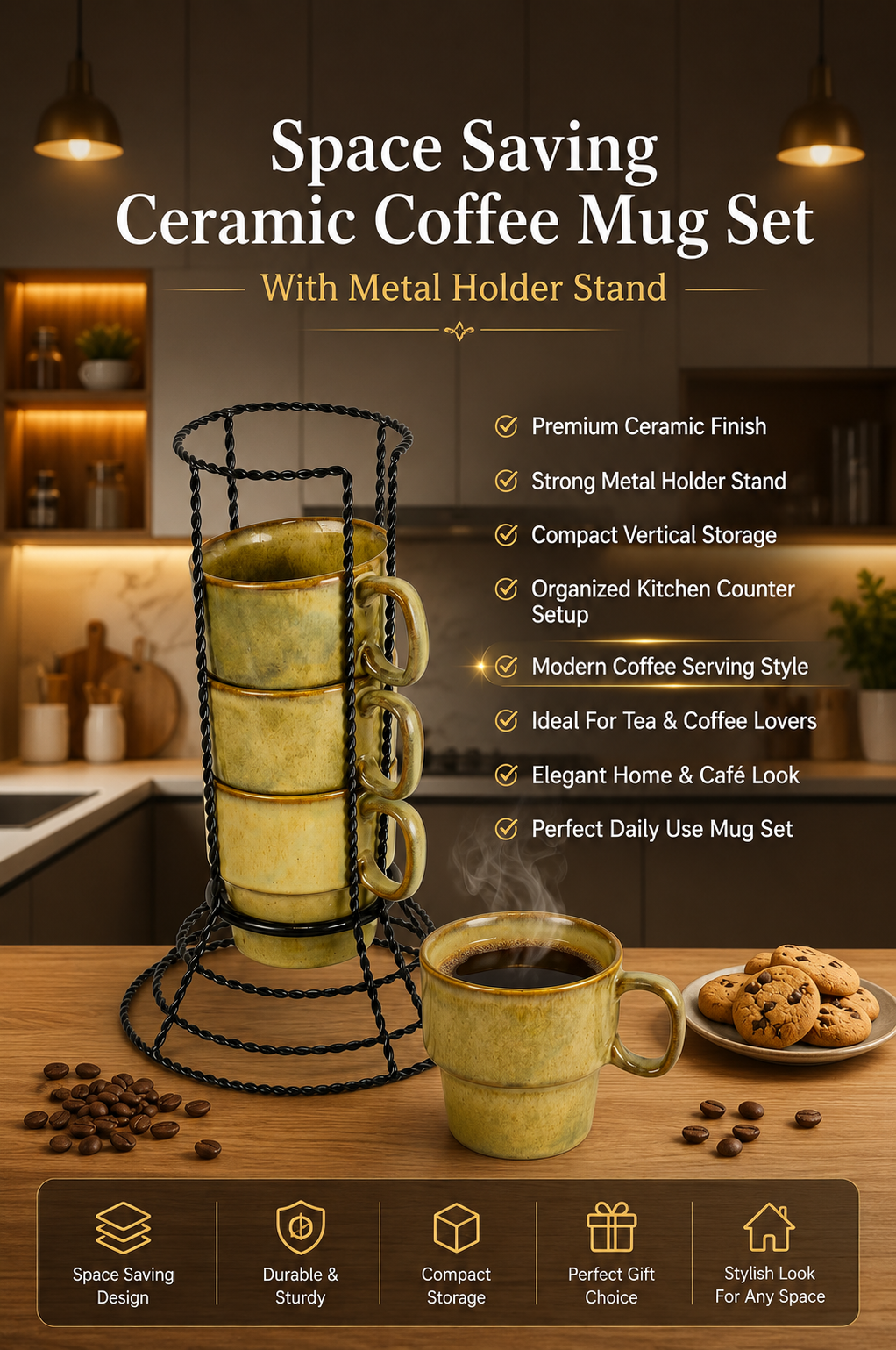 Premium Ceramic Coffee Mug Set with Metal Holder Stand (Set of 4) | Space Saving Stackable Tea & Coffee Cup Set | Vertical Mug Organizer for Home, Office & Kitchen