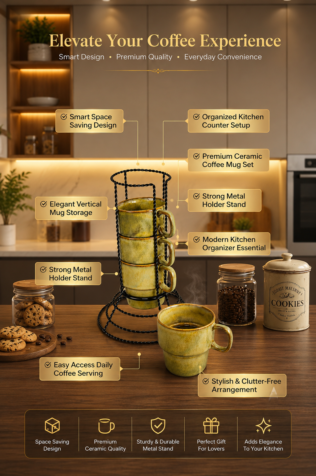 Premium Ceramic Coffee Mug Set with Metal Holder Stand (Set of 4) | Space Saving Stackable Tea & Coffee Cup Set | Vertical Mug Organizer for Home, Office & Kitchen
