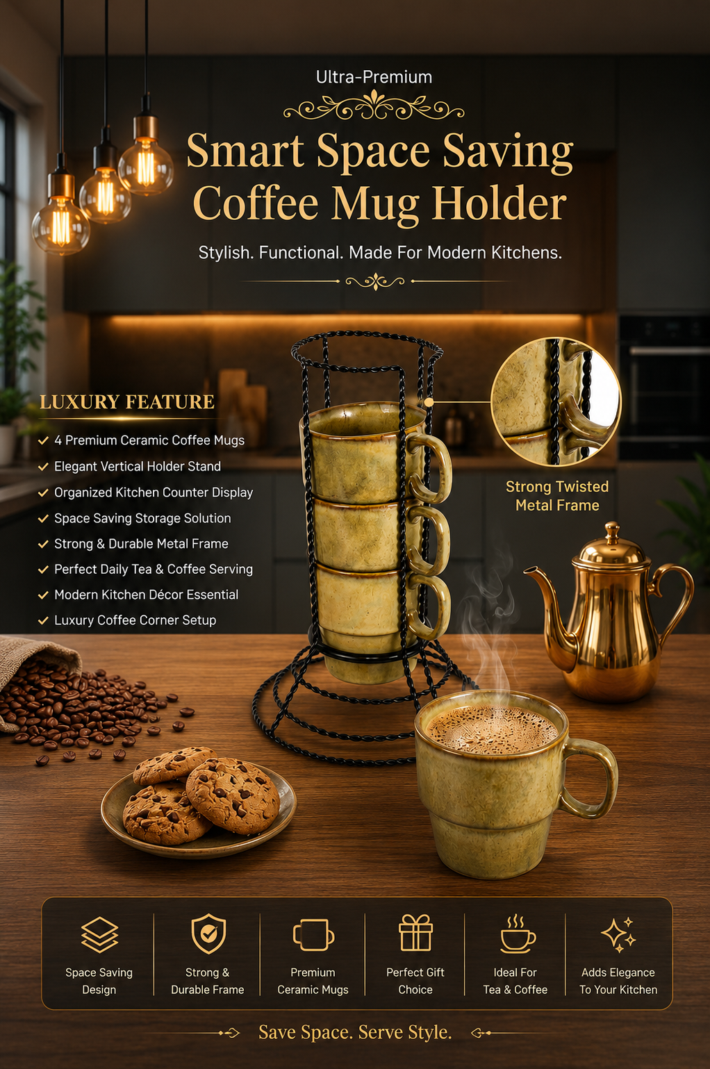 Premium Ceramic Coffee Mug Set with Metal Holder Stand (Set of 4) | Space Saving Stackable Tea & Coffee Cup Set | Vertical Mug Organizer for Home, Office & Kitchen