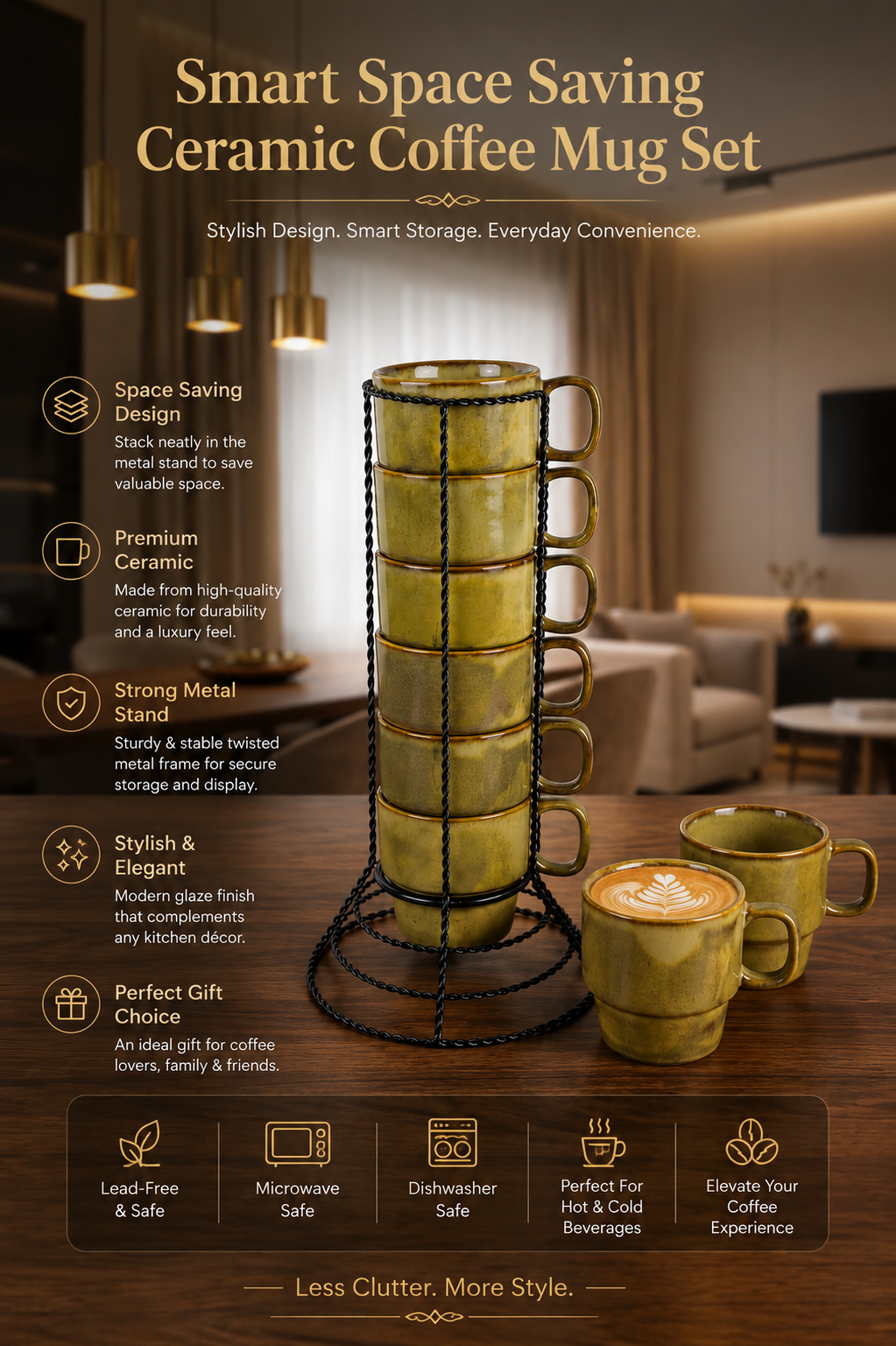 Premium Ceramic Coffee Mug Set with Metal Holder Stand (Set of 6) | Space Saving Stackable Tea & Coffee Cup Set | Vertical Mug Organizer for Home, Office & Kitchen