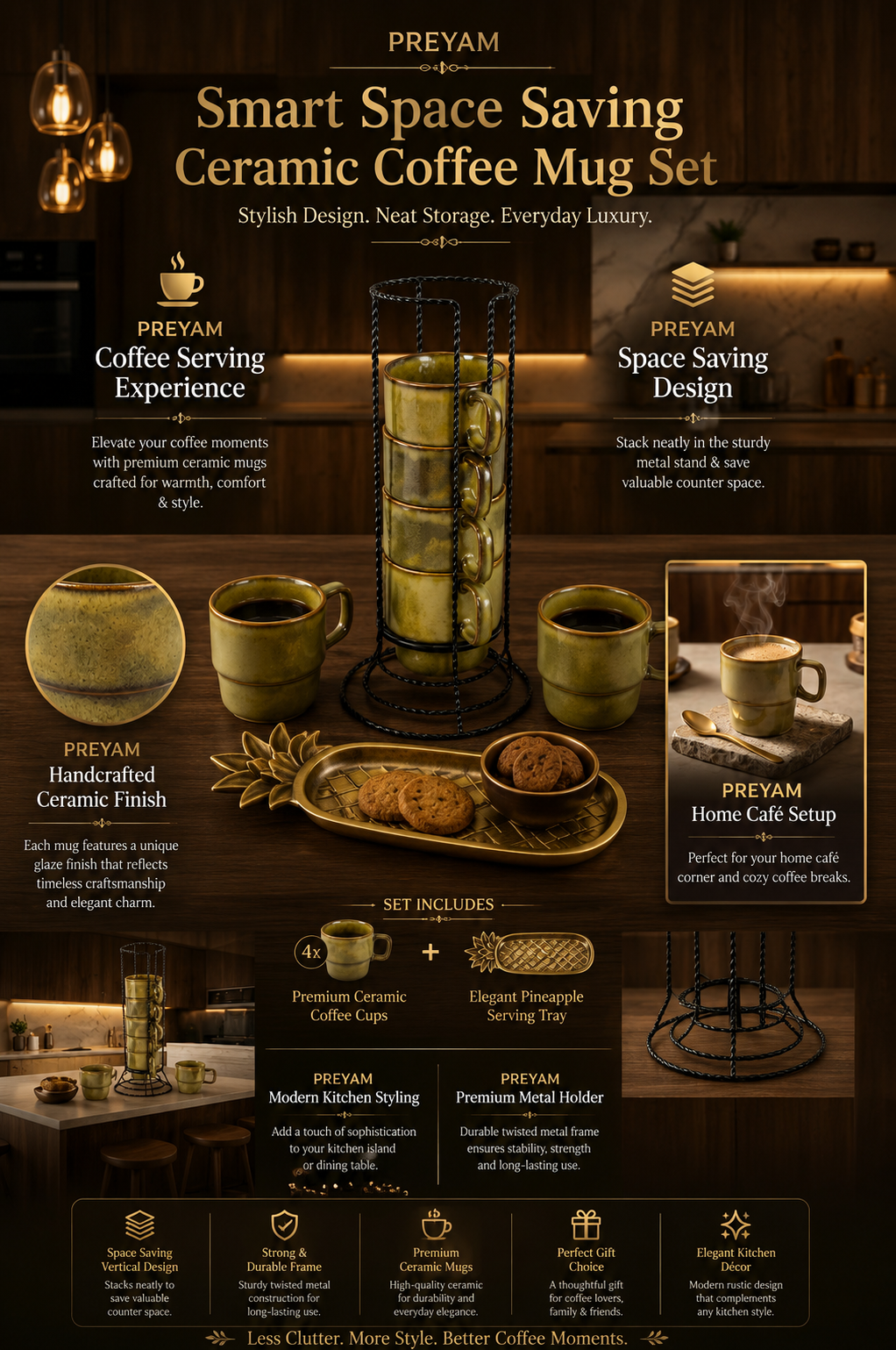 Premium Ceramic Coffee Mug Set with Metal Holder Stand (Set of 6) | Space Saving Stackable Tea & Coffee Cup Set | Vertical Mug Organizer for Home, Office & Kitchen