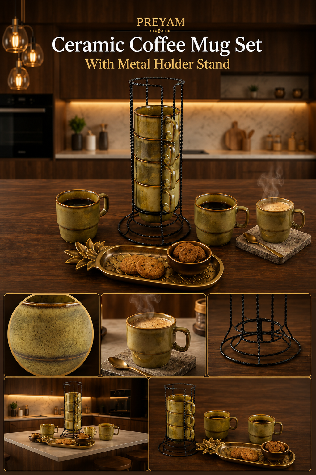 Premium Ceramic Coffee Mug Set with Metal Holder Stand (Set of 6) | Space Saving Stackable Tea & Coffee Cup Set | Vertical Mug Organizer for Home, Office & Kitchen
