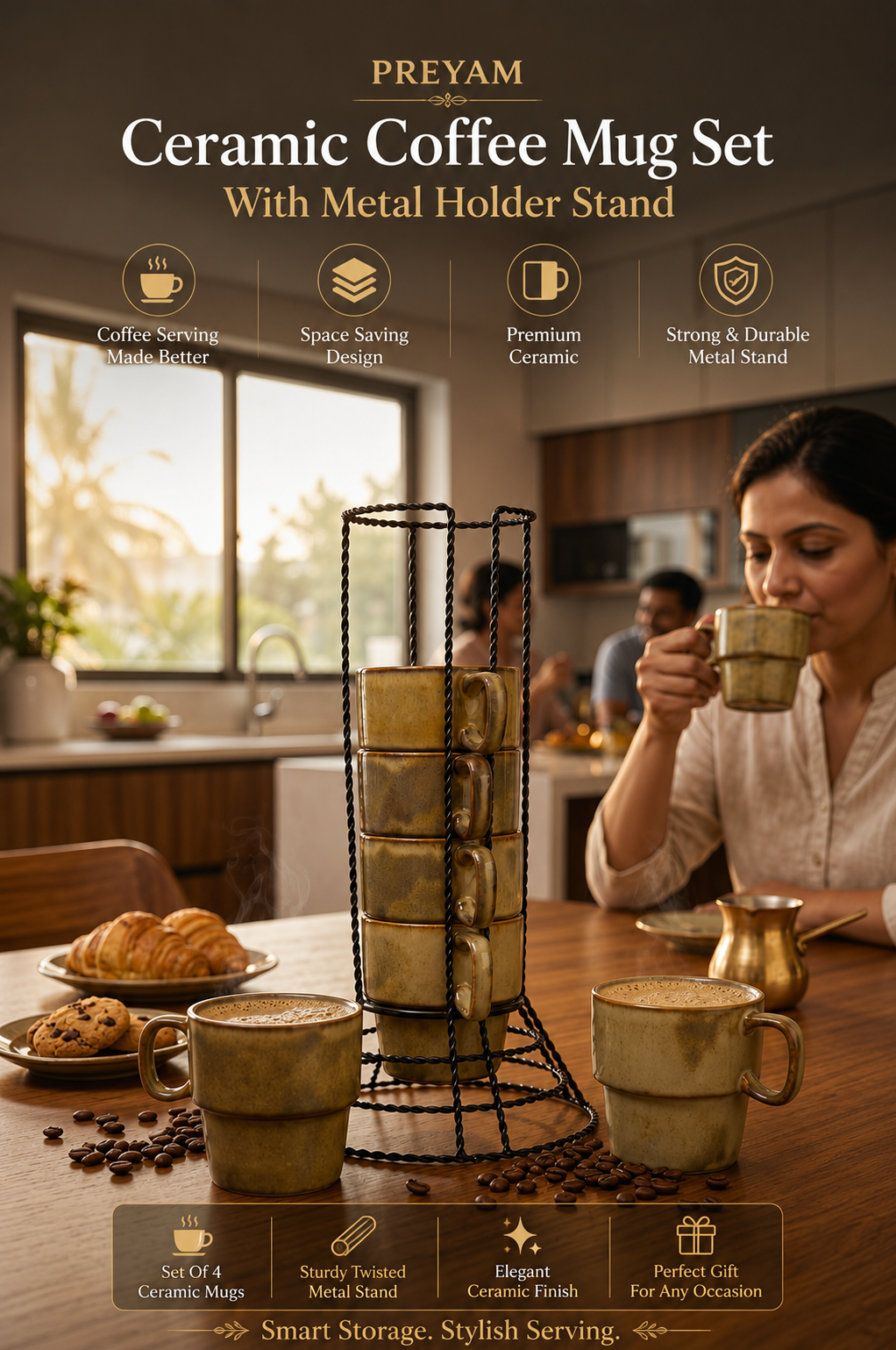 Premium Ceramic Coffee Mug Set with Metal Holder Stand (Set of 6) | Space Saving Stackable Tea & Coffee Cup Set | Vertical Mug Organizer for Home, Office & Kitchen