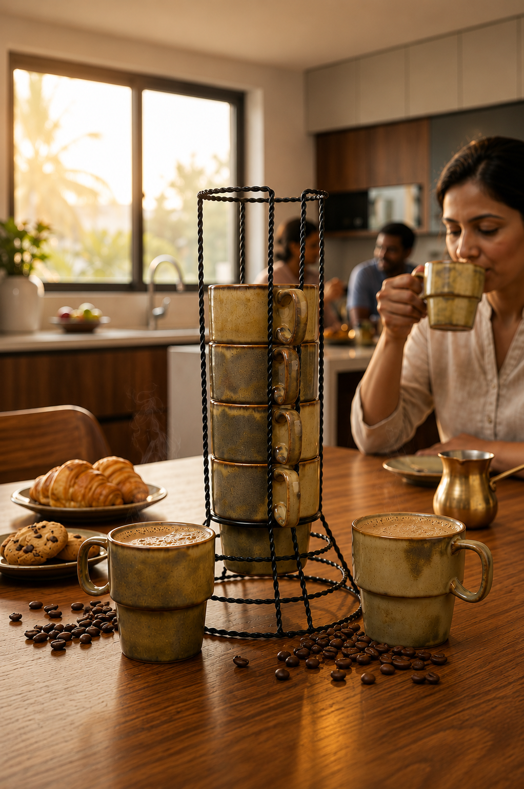 Premium Ceramic Coffee Mug Set with Metal Holder Stand (Set of 6) | Space Saving Stackable Tea & Coffee Cup Set | Vertical Mug Organizer for Home, Office & Kitchen
