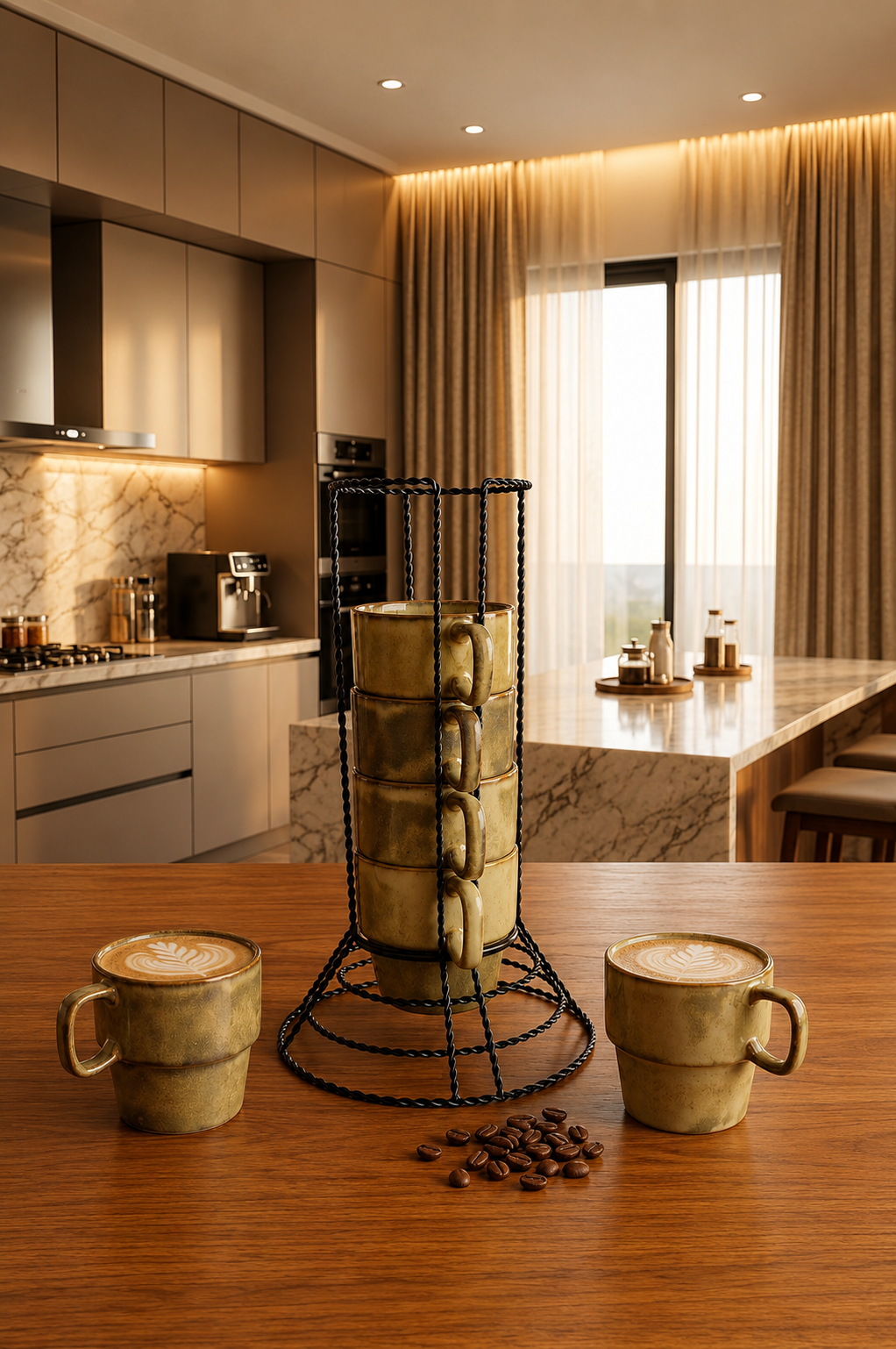 Premium Ceramic Coffee Mug Set with Metal Holder Stand (Set of 6) | Space Saving Stackable Tea & Coffee Cup Set | Vertical Mug Organizer for Home, Office & Kitchen