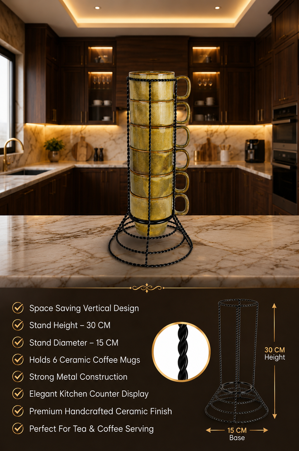 Premium Ceramic Coffee Mug Set with Metal Holder Stand (Set of 6) | Space Saving Stackable Tea & Coffee Cup Set | Vertical Mug Organizer for Home, Office & Kitchen