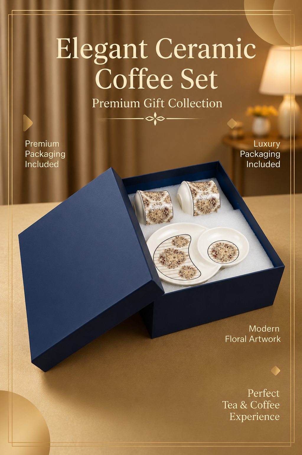 Premium Ceramic Tea & Coffee Cup Set with Matching Snack Plates (2 Cups + 2 Plates) | Luxury Floral Coffee Mug Gift Set in Premium Gift Box | Elegant Drinkware for Home & Gifting