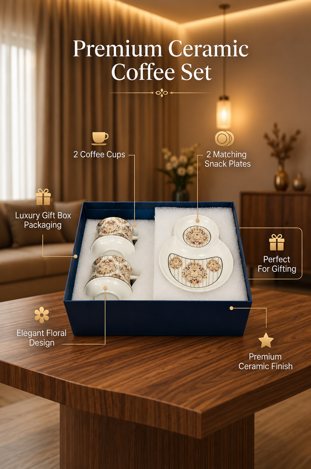 Premium Ceramic Tea & Coffee Cup Set with Matching Snack Plates (2 Cups + 2 Plates) | Luxury Floral Coffee Mug Gift Set in Premium Gift Box | Elegant Drinkware for Home & Gifting