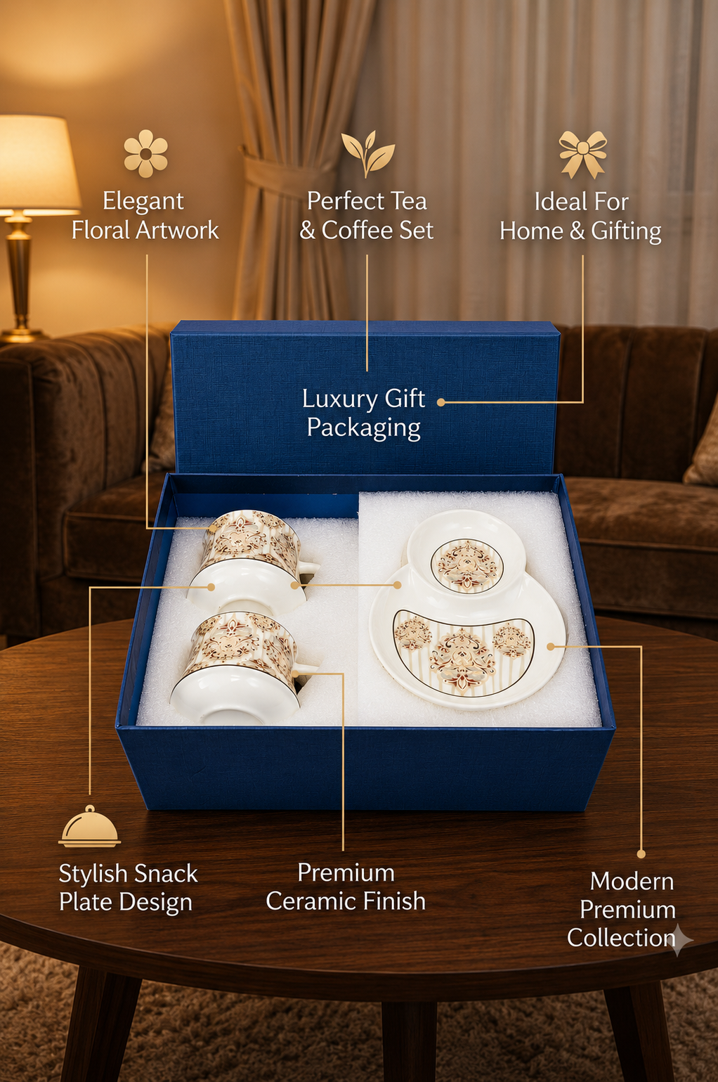 Premium Ceramic Tea & Coffee Cup Set with Matching Snack Plates (2 Cups + 2 Plates) | Luxury Floral Coffee Mug Gift Set in Premium Gift Box | Elegant Drinkware for Home & Gifting