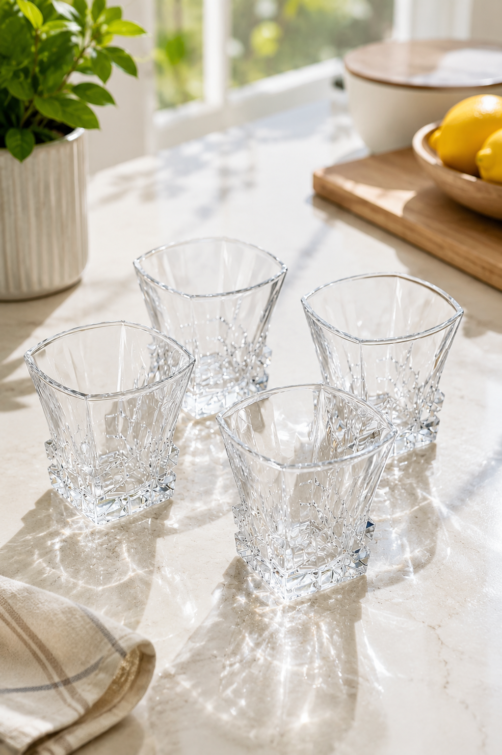 Premium Square Crystal Glass Set with Decorative MDF Serving Tray | 4 Heavy Base Drinking Glasses with Luxury Black & Gold Tray | Whisky, Juice, Water, Cocktails & Gift Set for Home Bar
