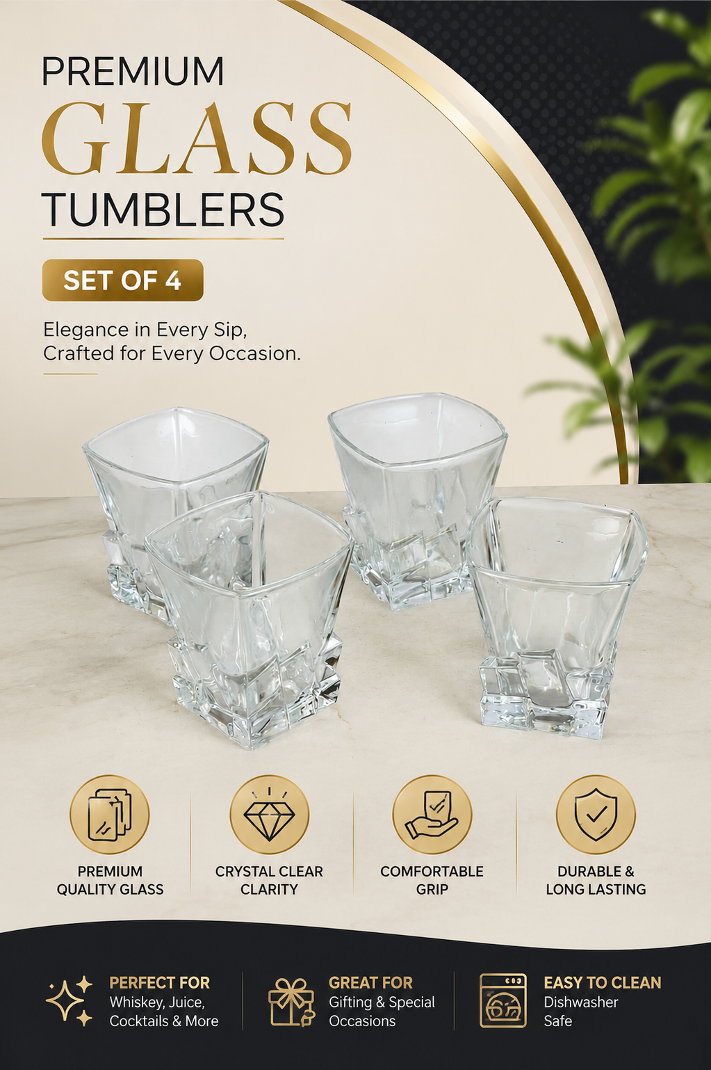 Premium Square Crystal Glass Set with Decorative MDF Serving Tray | 4 Heavy Base Drinking Glasses with Luxury Black & Gold Tray | Whisky, Juice, Water, Cocktails & Gift Set for Home Bar