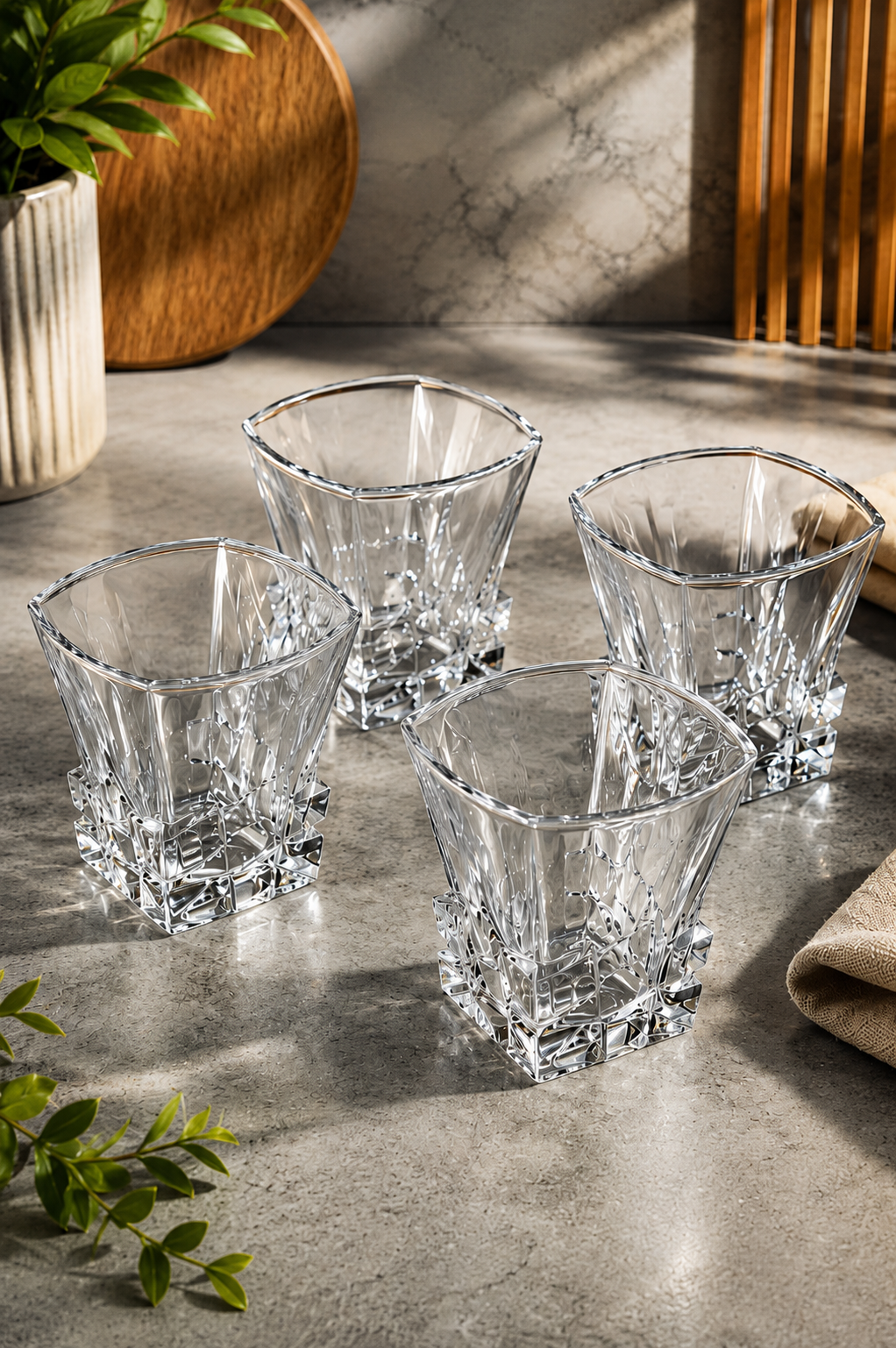 Premium Square Crystal Glass Set with Decorative MDF Serving Tray | 4 Heavy Base Drinking Glasses with Luxury Black & Gold Tray | Whisky, Juice, Water, Cocktails & Gift Set for Home Bar