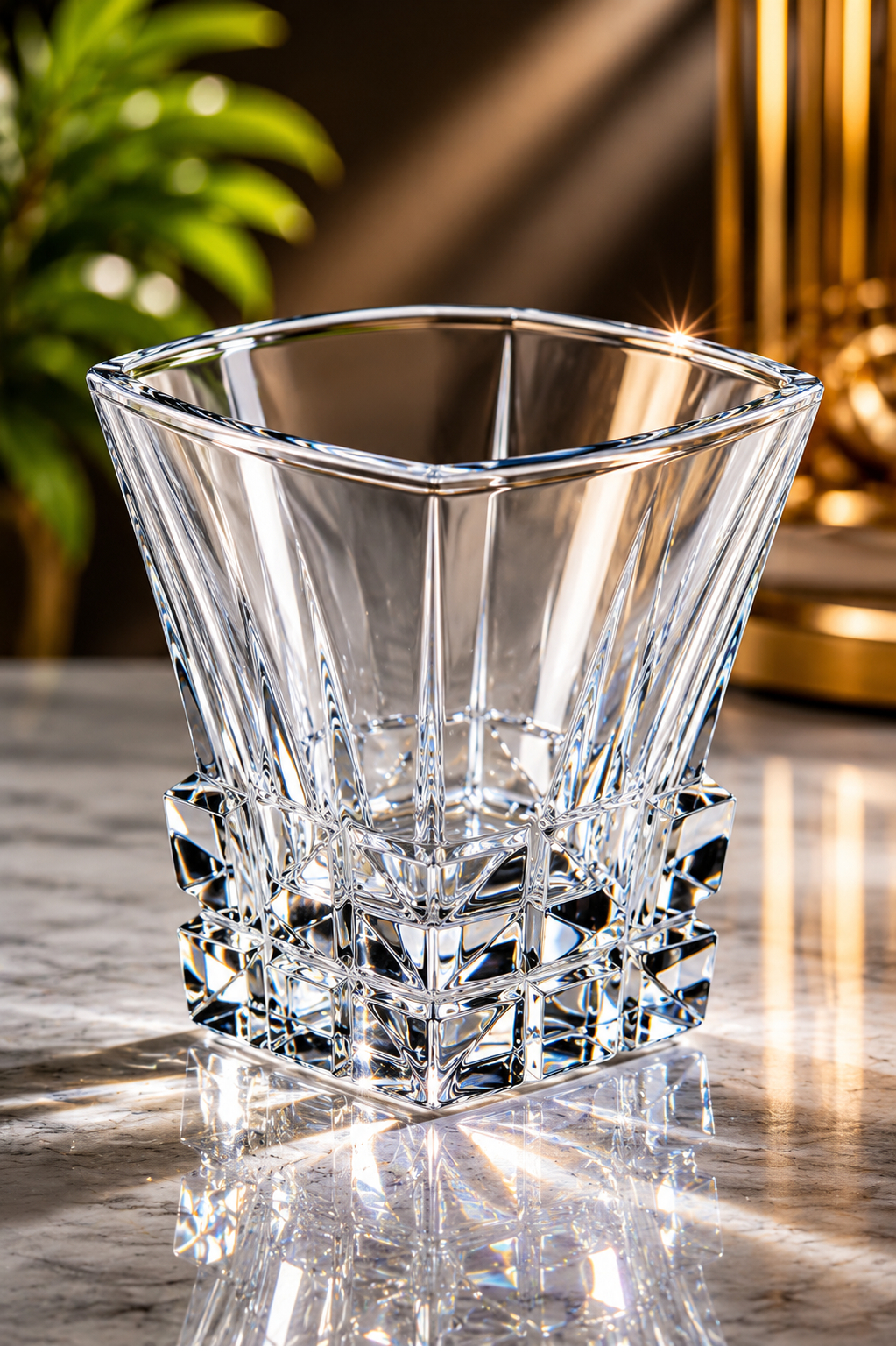 Premium Square Crystal Glass Set with Decorative MDF Serving Tray | 4 Heavy Base Drinking Glasses with Luxury Black & Gold Tray | Whisky, Juice, Water, Cocktails & Gift Set for Home Bar