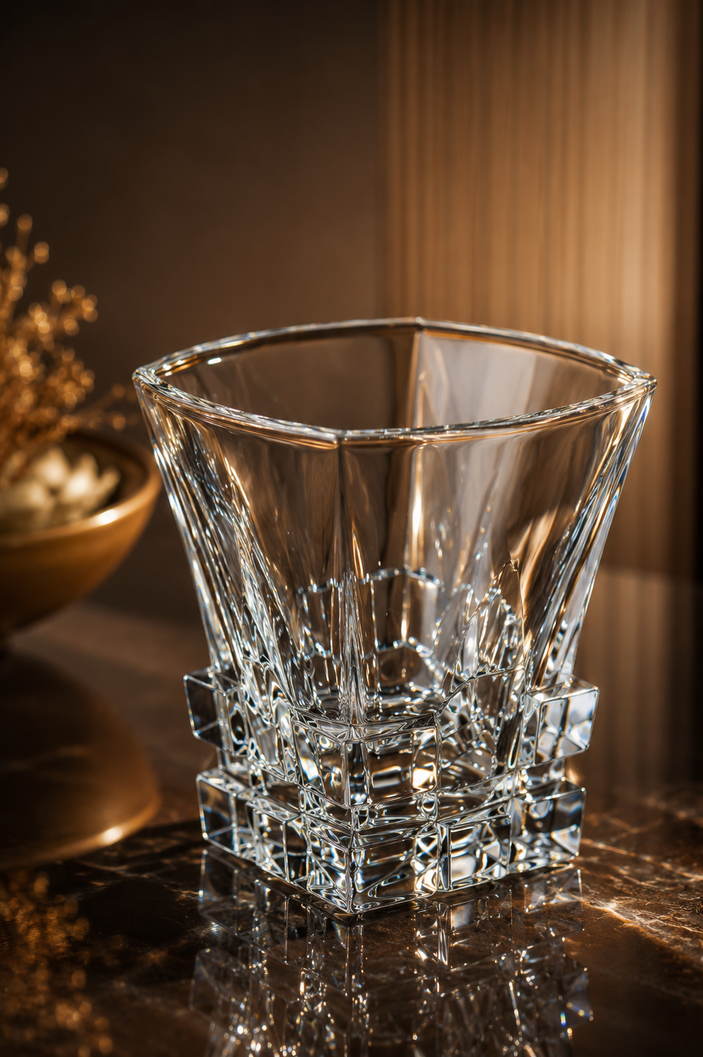 Premium Square Crystal Glass Set with Decorative MDF Serving Tray | 4 Heavy Base Drinking Glasses with Luxury Black & Gold Tray | Whisky, Juice, Water, Cocktails & Gift Set for Home Bar