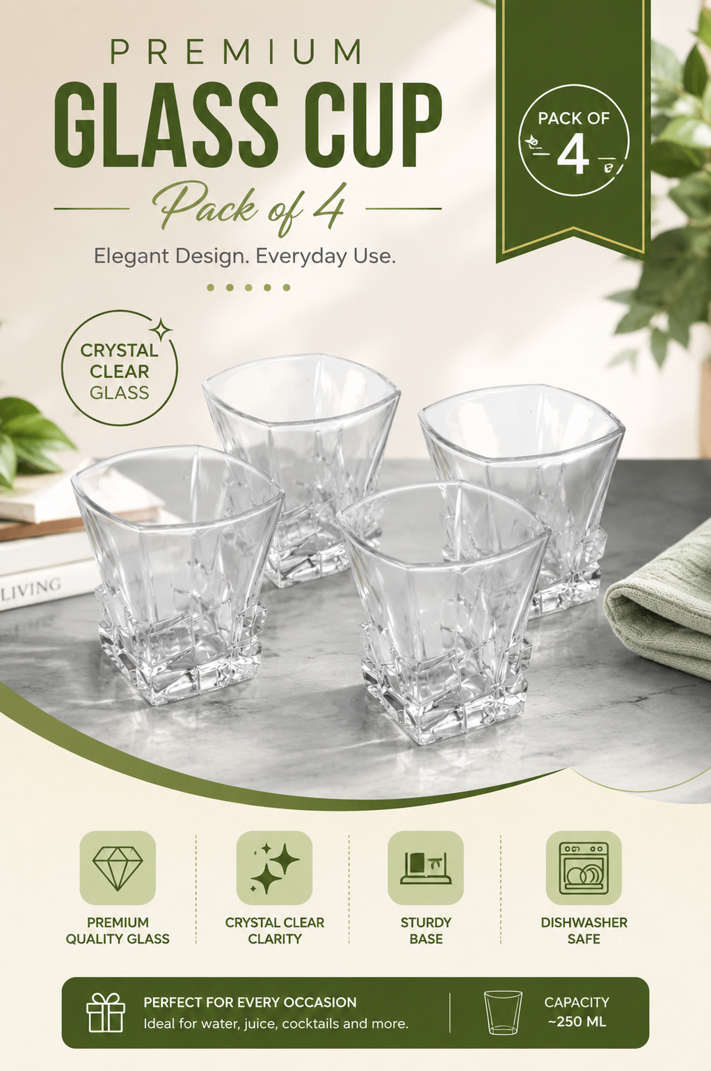 Premium Square Crystal Glass Set with Decorative MDF Serving Tray | 4 Heavy Base Drinking Glasses with Luxury Black & Gold Tray | Whisky, Juice, Water, Cocktails & Gift Set for Home Bar