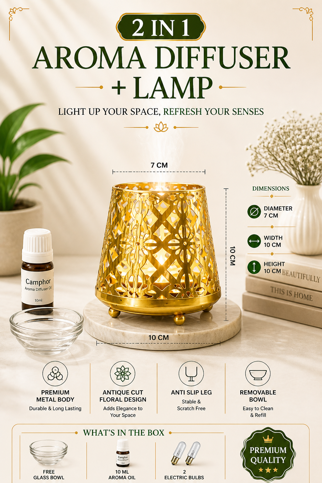 Metal Tea Light Aroma Diffuser For Temple & Home Decor | Golden Cutwork Fragrance Burner With Glass Bowl | Free 10 Ml Aroma Oil & 2 Tea Light Candles