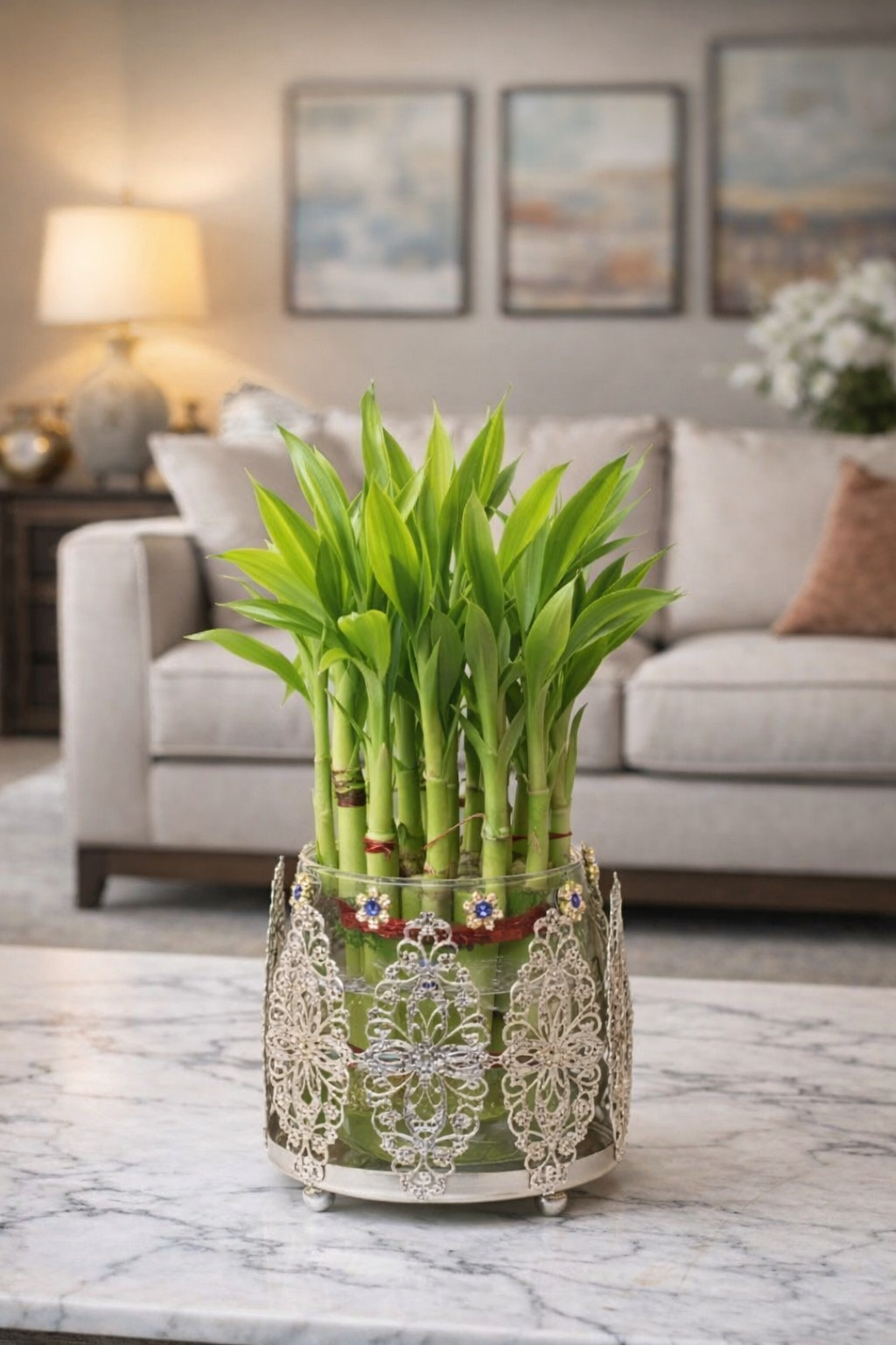 Lucky Bamboo Plant with Ornate Metal Holder & Glass Vase | Decorative Indoor Planter for Home & Office Décor (Silver)