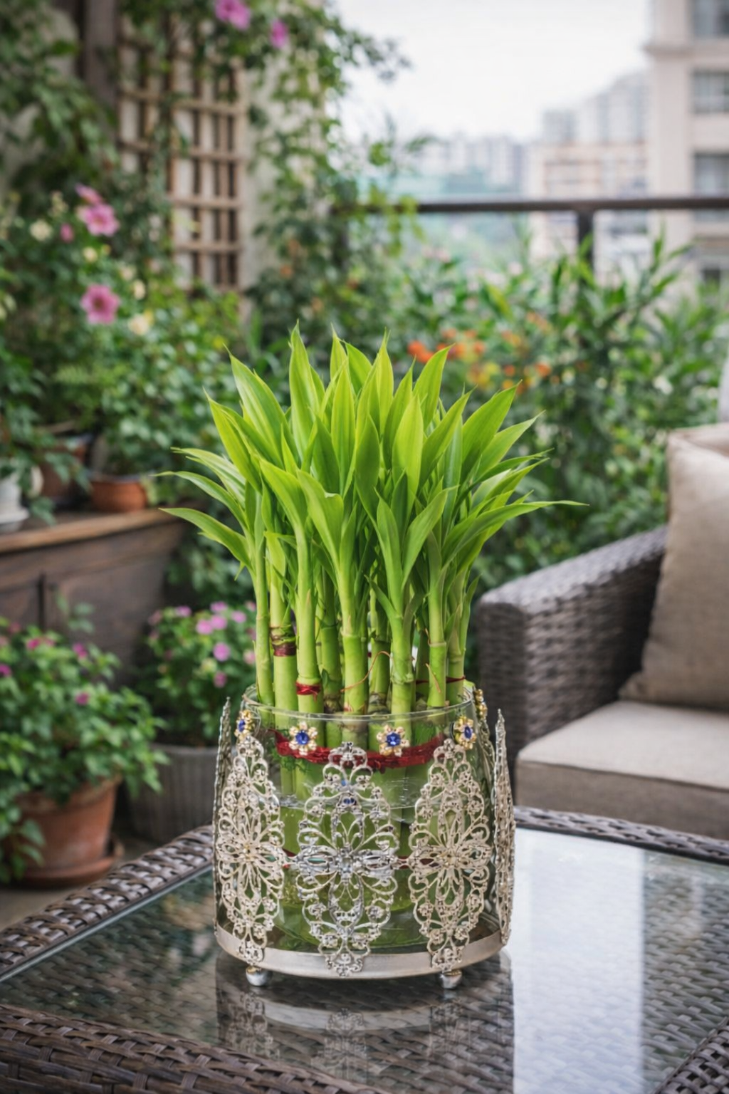 Lucky Bamboo Plant with Ornate Metal Holder & Glass Vase | Decorative Indoor Planter for Home & Office Décor (Silver)