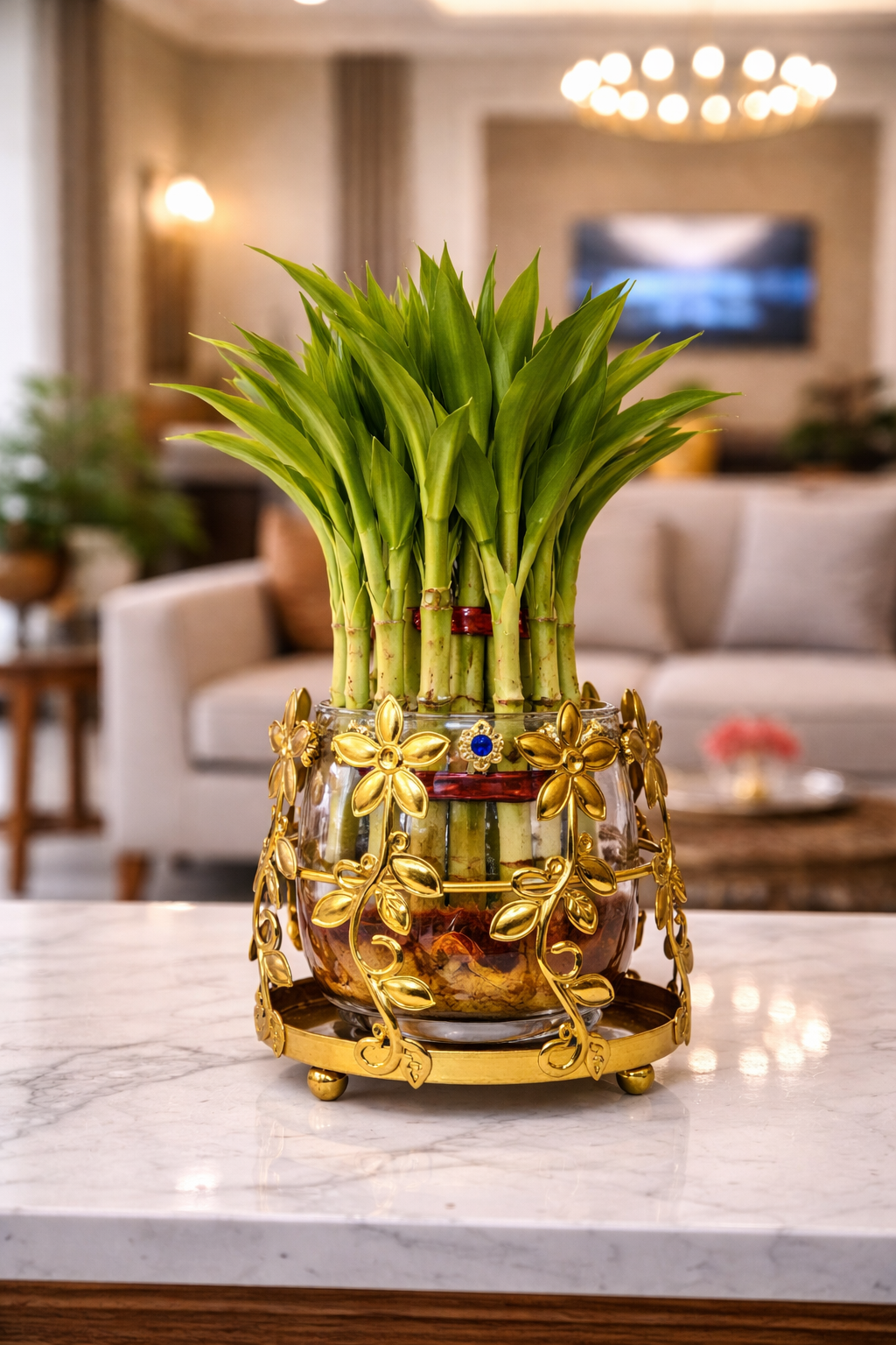 Lucky Bamboo Plant with Floral Metal Holder & Glass Vase | Decorative Indoor Planter for Home & Office Decor