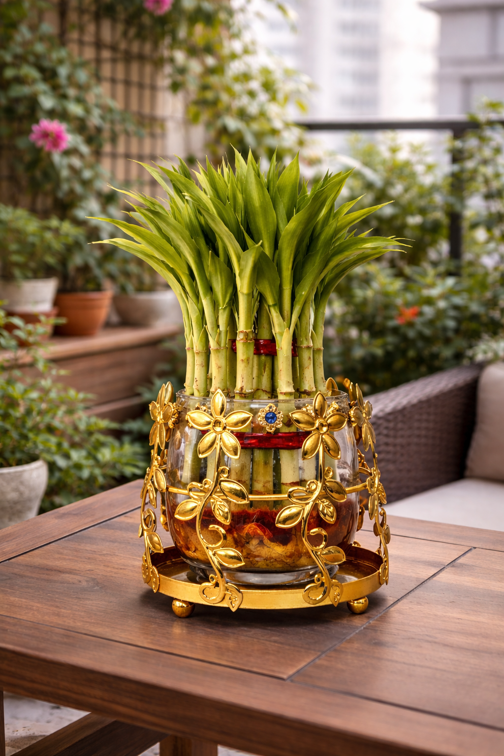 Lucky Bamboo Plant with Floral Metal Holder & Glass Vase | Decorative Indoor Planter for Home & Office Decor