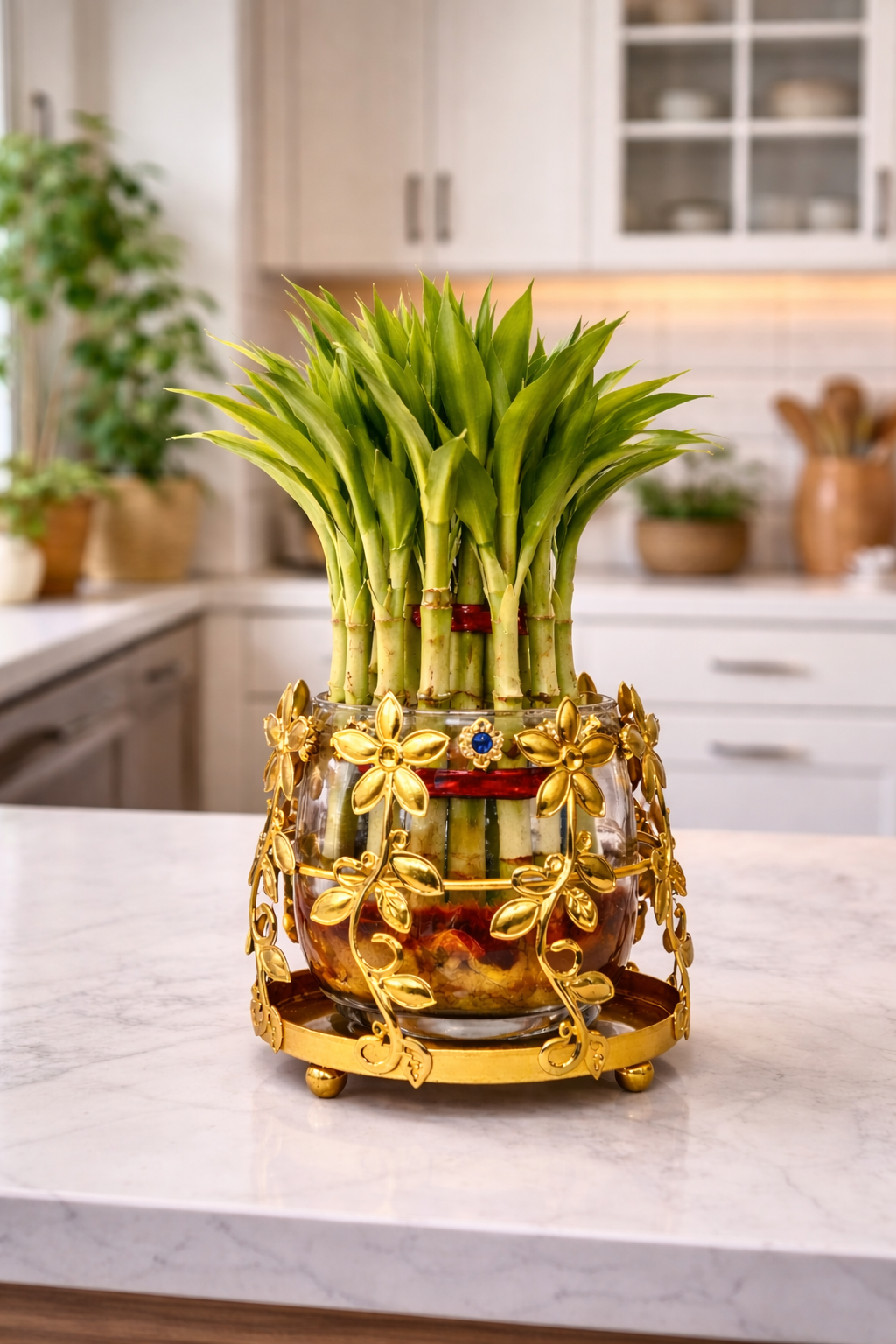 Lucky Bamboo Plant with Floral Metal Holder & Glass Vase | Decorative Indoor Planter for Home & Office Decor