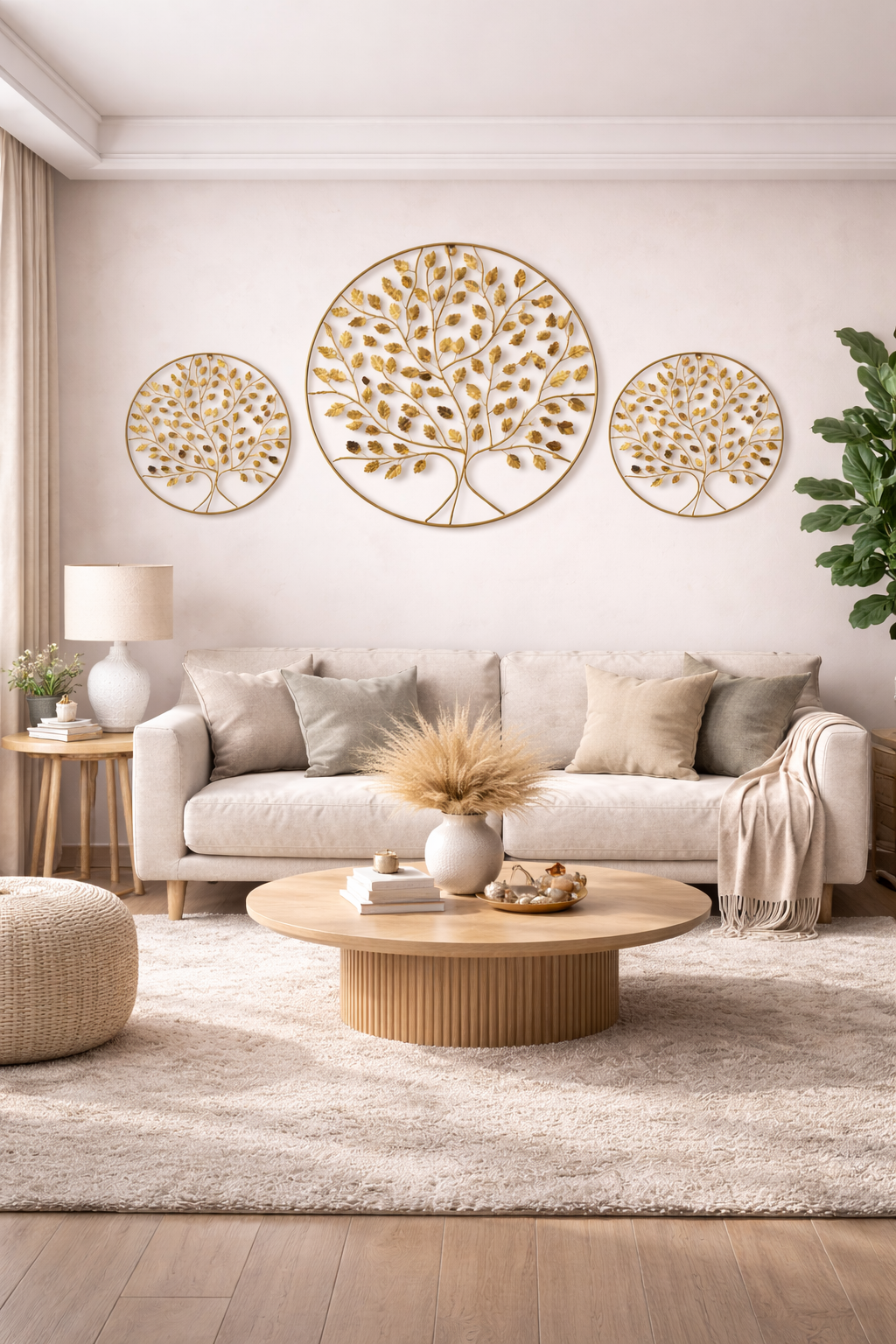 Premium Metal Tree Wall Art Set of 3 | Elegant Golden Leaf Wall Decor | Modern Round Wall Hanging for Living Room, Bedroom & Office | Luxury Home Décor Accent