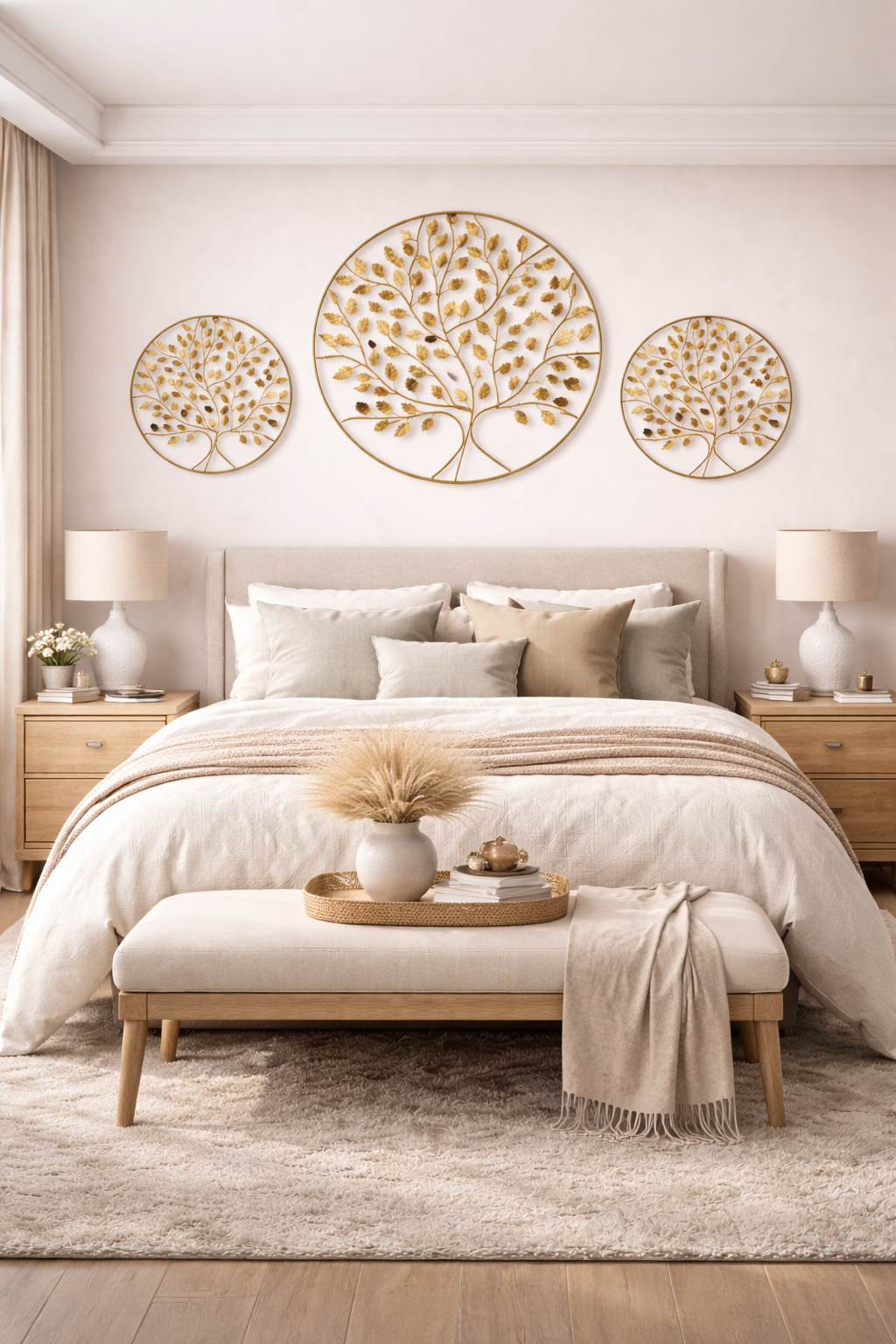 Premium Metal Tree Wall Art Set of 3 | Elegant Golden Leaf Wall Decor | Modern Round Wall Hanging for Living Room, Bedroom & Office | Luxury Home Décor Accent