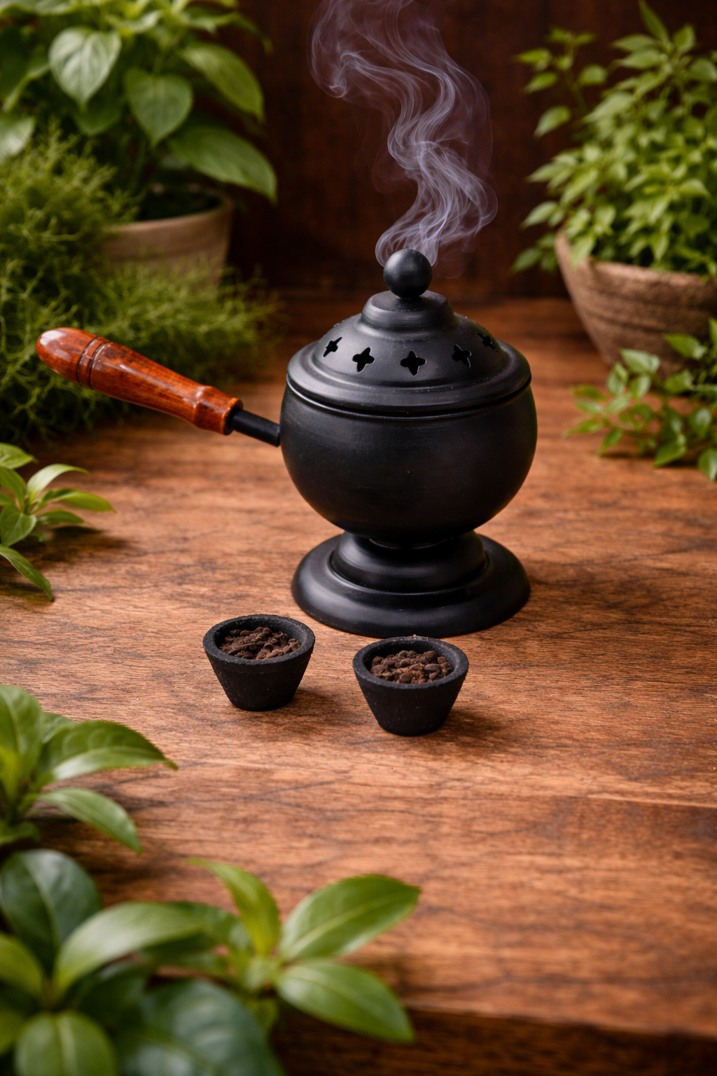 Metal Loban Incense Burner with Wooden Handle | Dhoop Dani Dhuni Sambrani Bakhoor Burner | Handheld Incense Holder for Home & Temple