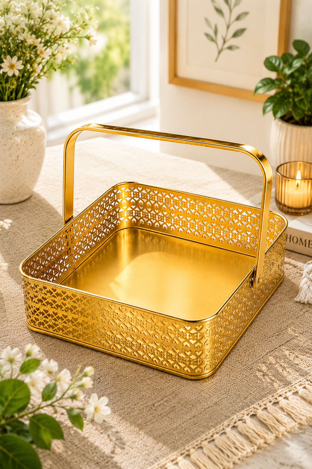 Premium Golden Metal Gift Basket with Handle | Medium Decorative Storage Basket | Multipurpose Fruit Basket, Dry Fruit Hamper, Pooja Basket & Home Organizer | 26 x 26 x 9 cm