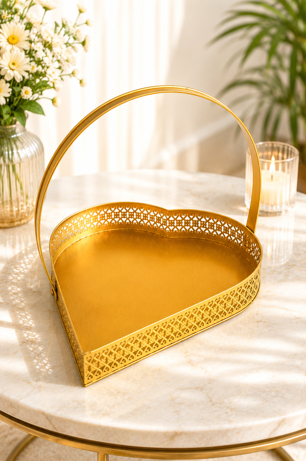 Premium Large Heart-Shaped Metal Gift Hamper Basket with Handle | Decorative Gold Serving Tray for Dry Fruits, Chocolates, Gifts & Festive Hampers | Luxury Organizer for Home Décor, Weddings & Diwali