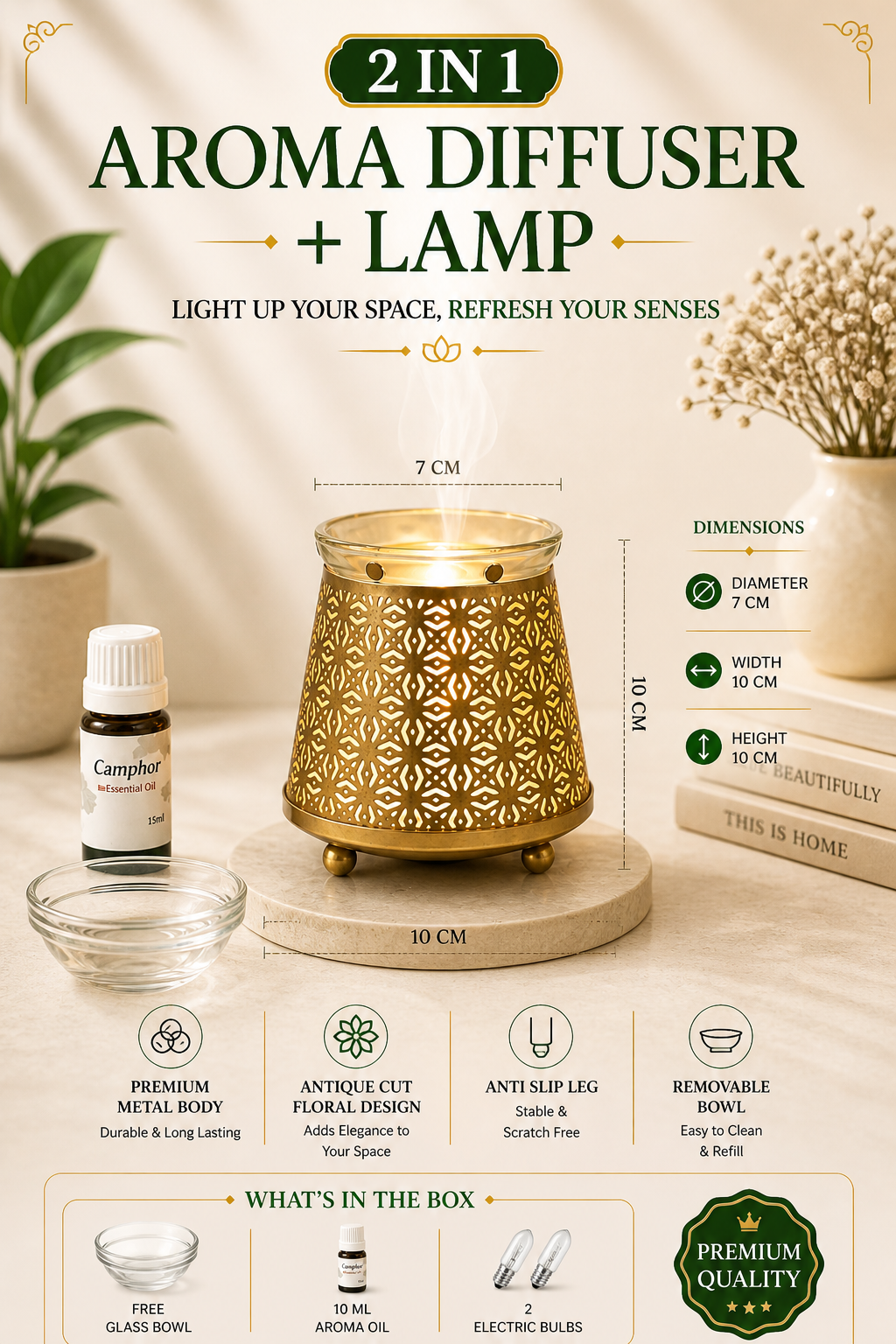 Golden Electric Aroma Diffuser with Geometric Cutwork Design | Essential Oil Burner Lamp with Glass Bowl for Home, Spa & Relaxation | Decorative Fragrance Diffuser for Bedroom & Gifting