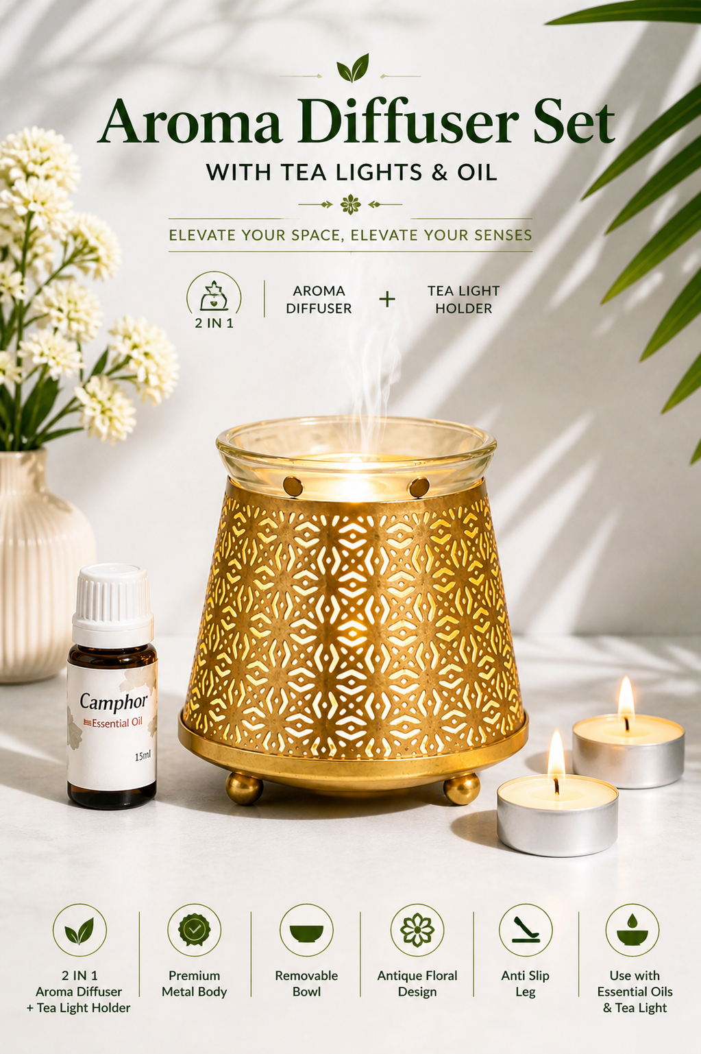 Golden Electric Aroma Diffuser with Geometric Cutwork Design | Essential Oil Burner Lamp with Glass Bowl for Home, Spa & Relaxation | Decorative Fragrance Diffuser for Bedroom & Gifting