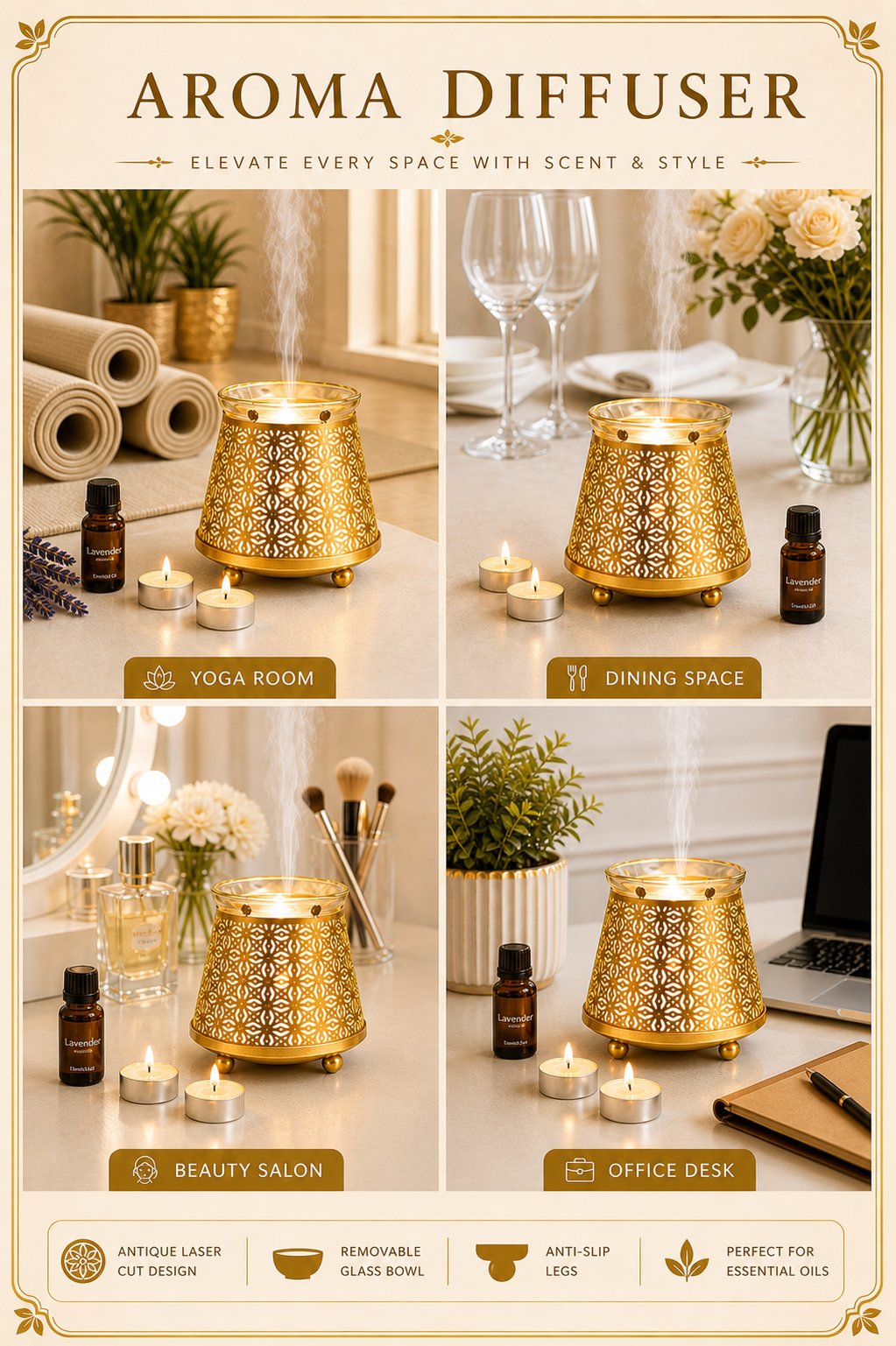 Golden Electric Aroma Diffuser with Geometric Cutwork Design | Essential Oil Burner Lamp with Glass Bowl for Home, Spa & Relaxation | Decorative Fragrance Diffuser for Bedroom & Gifting