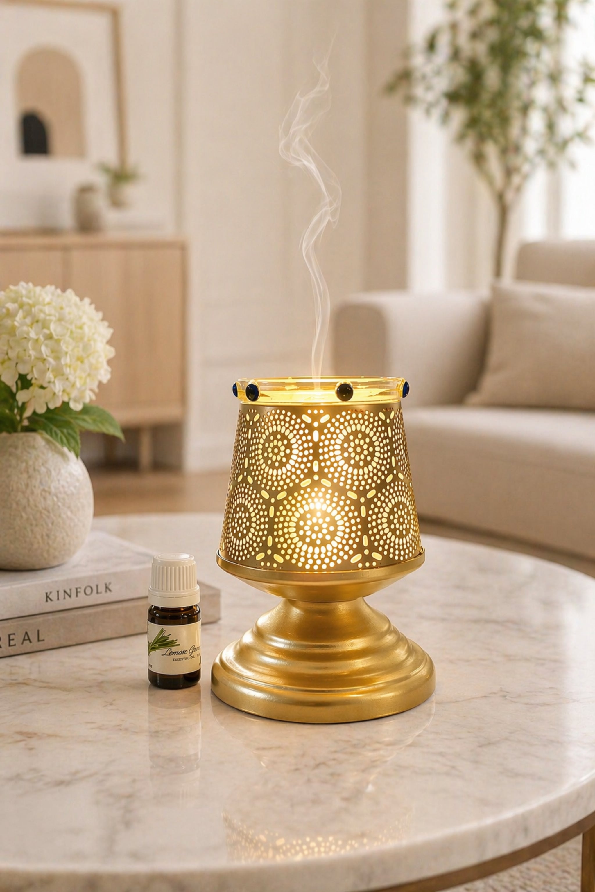Premium Metal Aroma Diffuser Lamp with Glass Bowl | Elegant Cutwork Electric Oil Burner | Warm Ambient Light Aromatherapy Diffuser | Decorative Fragrance Lamp for Home & Gifting