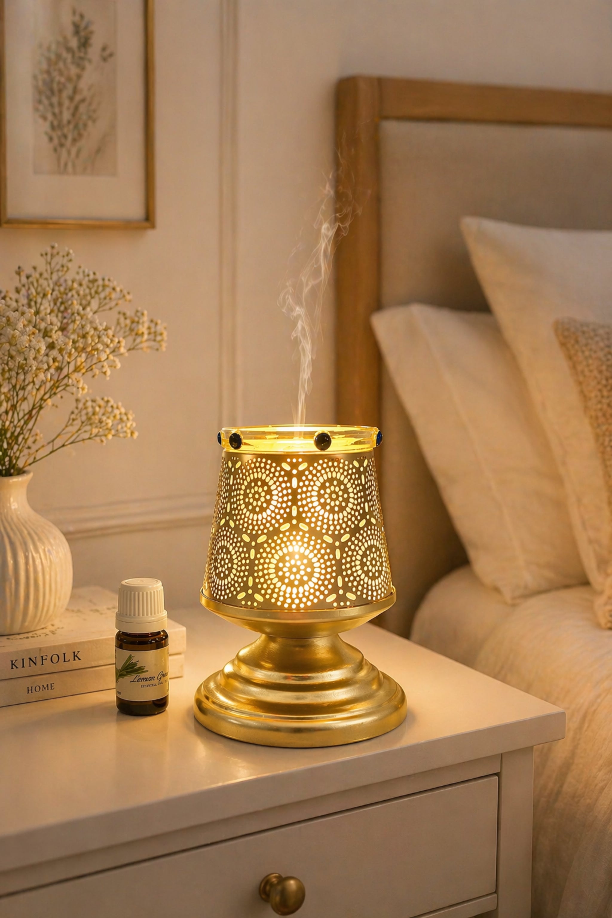 Premium Metal Aroma Diffuser Lamp with Glass Bowl | Elegant Cutwork Electric Oil Burner | Warm Ambient Light Aromatherapy Diffuser | Decorative Fragrance Lamp for Home & Gifting