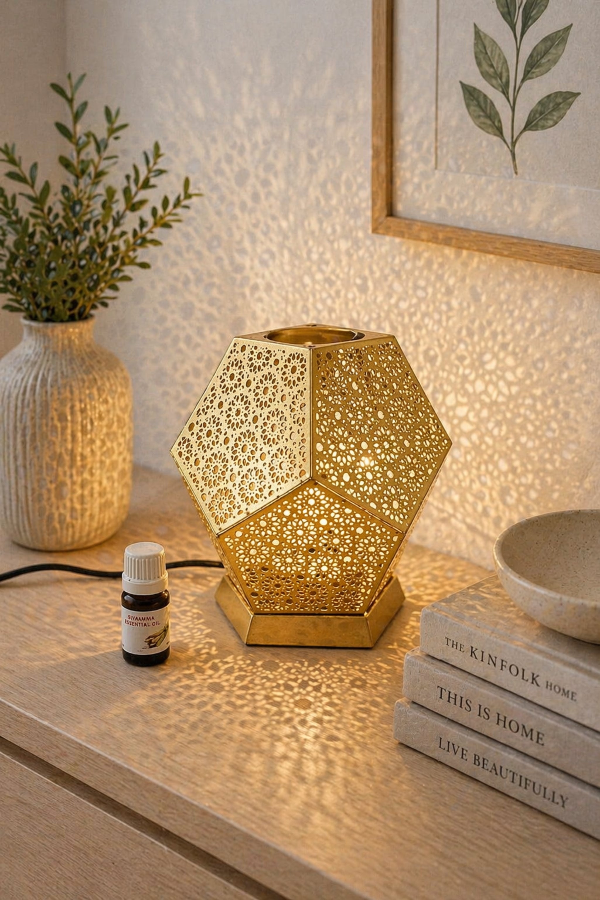 Golden Metal Electric Aroma Diffuser Lamp with Laser Cut Shadow Design | Essential Oil Burner with Warm Light for Home Décor, Bedroom, Spa, Diwali Gifting & Relaxation