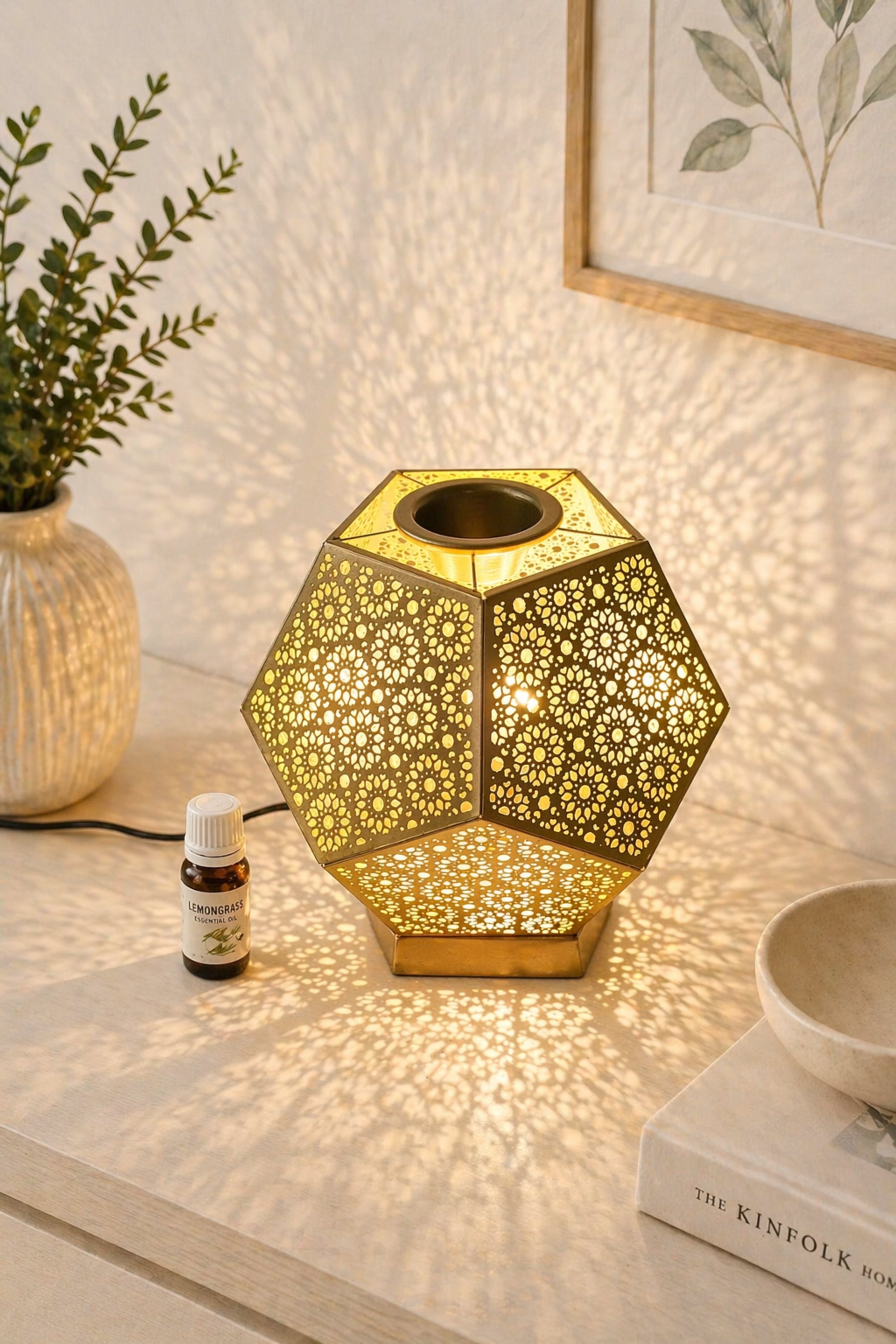 Golden Metal Electric Aroma Diffuser Lamp with Laser Cut Shadow Design | Essential Oil Burner with Warm Light for Home Décor, Bedroom, Spa, Diwali Gifting & Relaxation