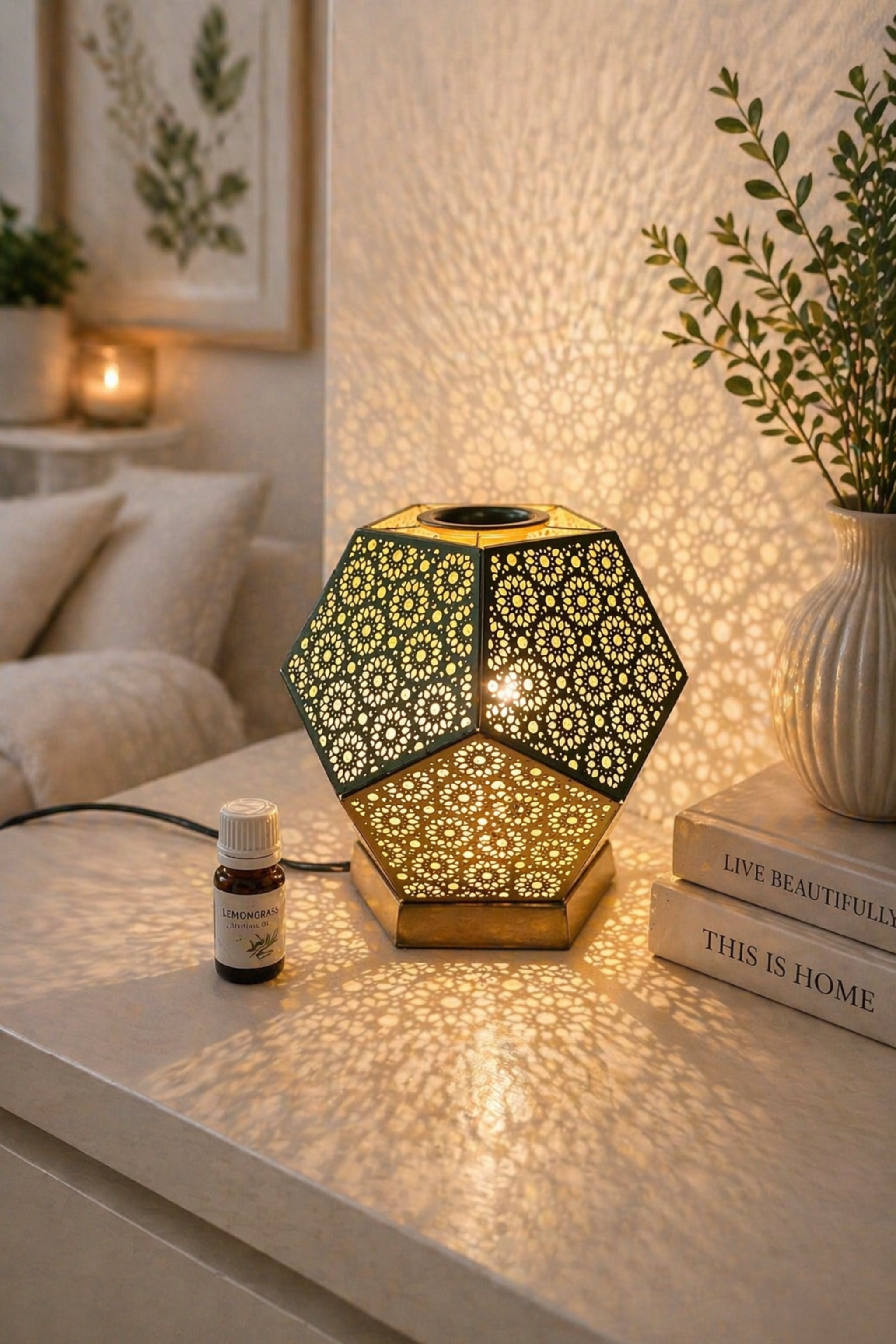 Golden Metal Electric Aroma Diffuser Lamp with Laser Cut Shadow Design | Essential Oil Burner with Warm Light for Home Décor, Bedroom, Spa, Diwali Gifting & Relaxation