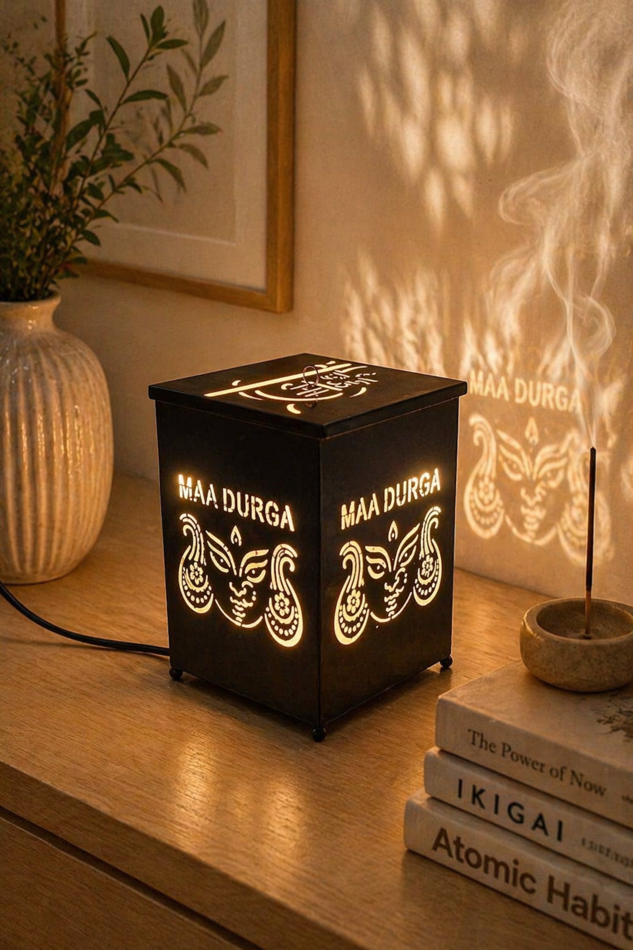 Maa Durga Face LED Shadow Lamp with Cutwork Design | Decorative Spiritual Night Light for Temple, Pooja Room & Home Decor | Metal Lamp for Navratri, Diwali & Religious Gifting