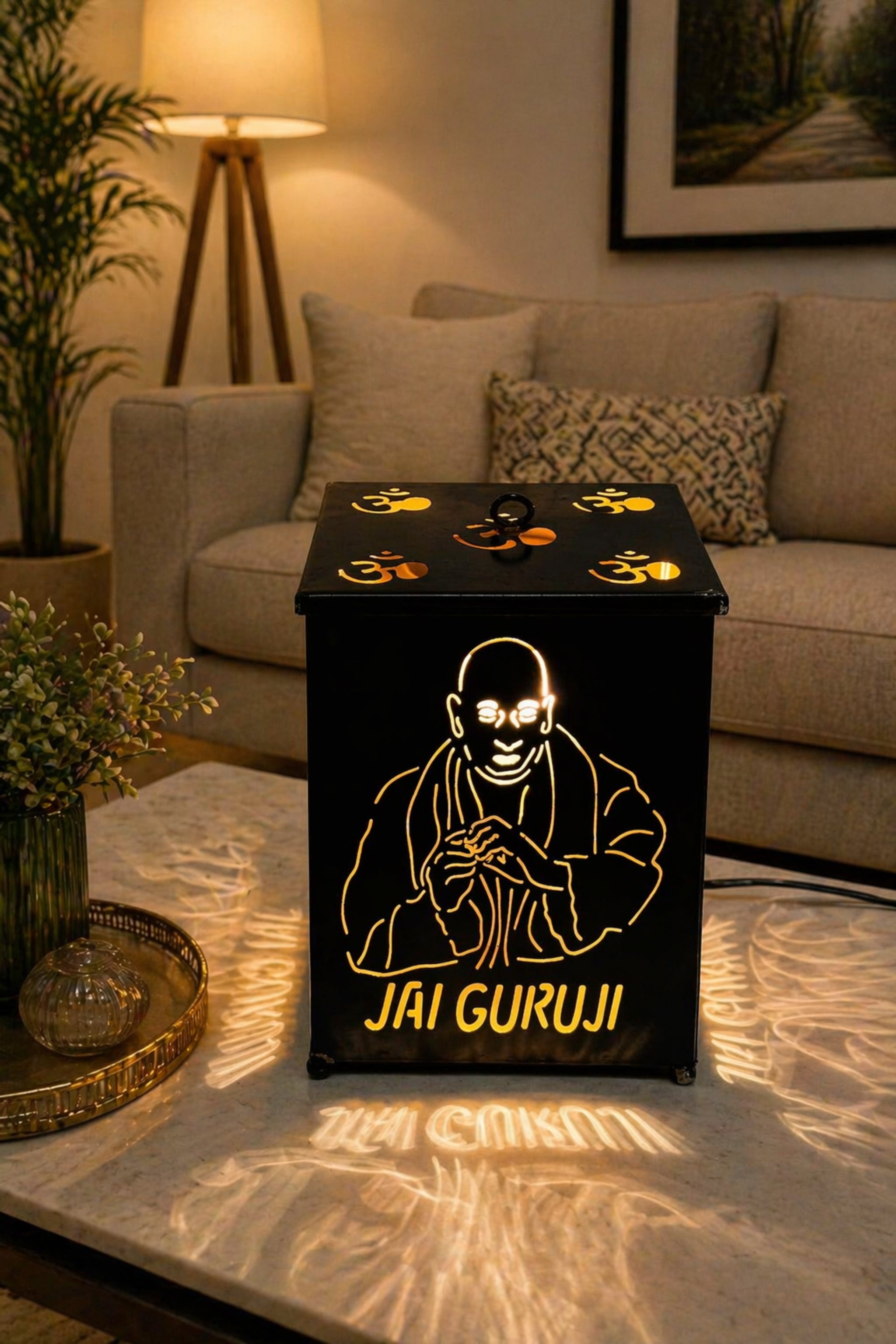 Jai Guruji LED Decorative Lamp with Om Cutwork Design | Spiritual Night Light for Temple, Pooja Room & Home Decor | Shadow Lamp for Diwali, Meditation & Religious Gifting