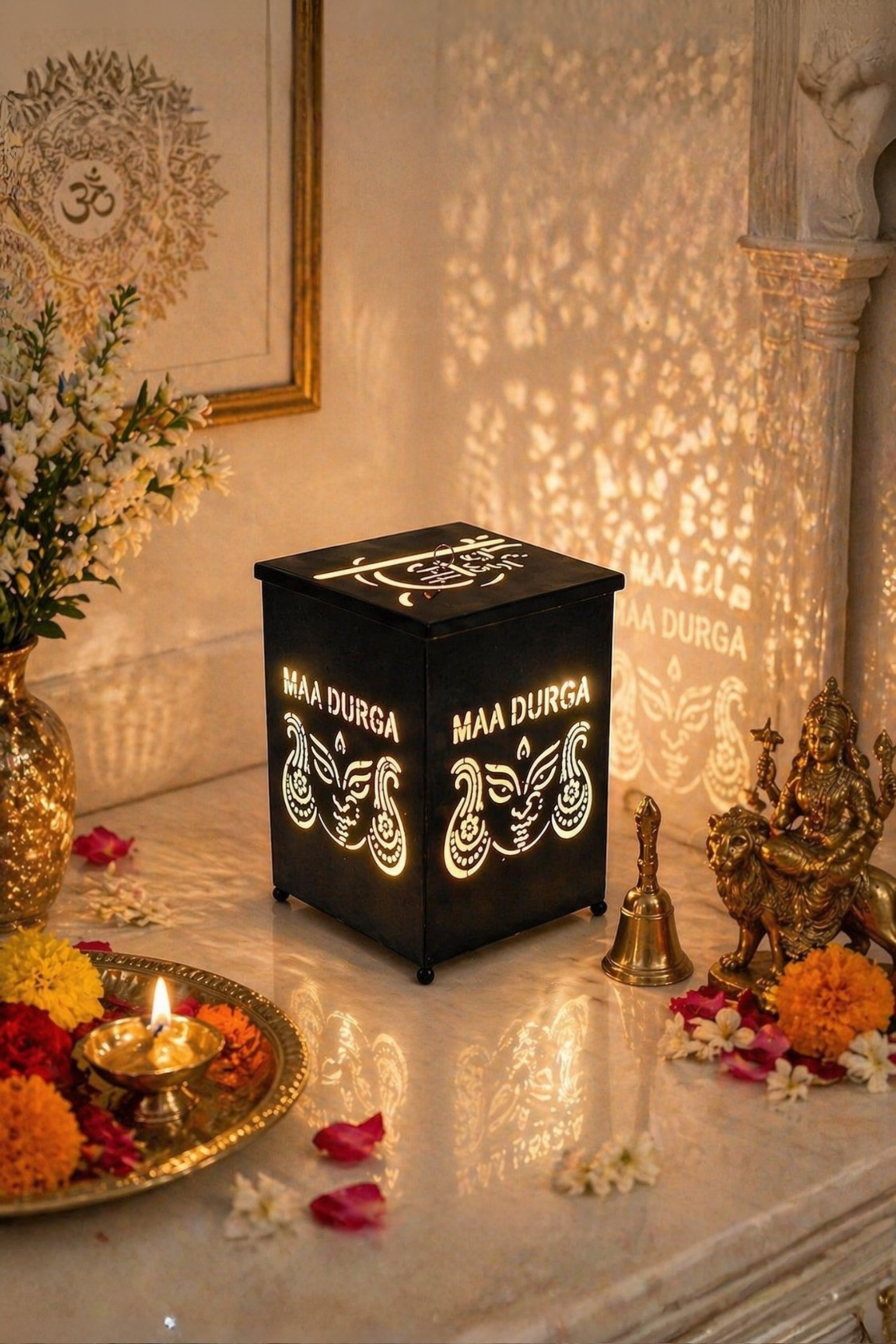 Maa Durga Face LED Shadow Lamp with Cutwork Design | Decorative Spiritual Night Light for Temple, Pooja Room & Home Decor | Metal Lamp for Navratri, Diwali & Religious Gifting