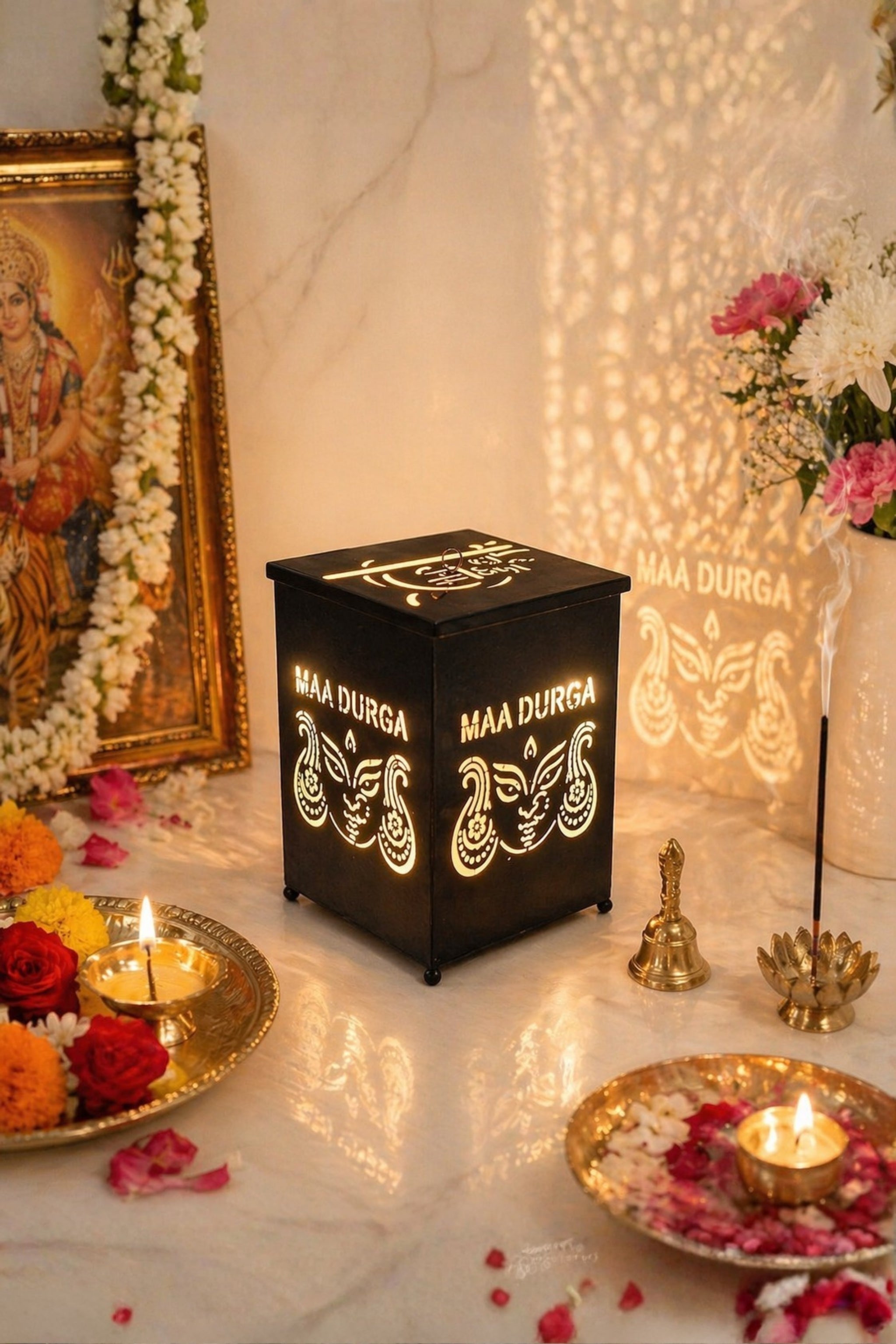 Maa Durga Face LED Shadow Lamp with Cutwork Design | Decorative Spiritual Night Light for Temple, Pooja Room & Home Decor | Metal Lamp for Navratri, Diwali & Religious Gifting