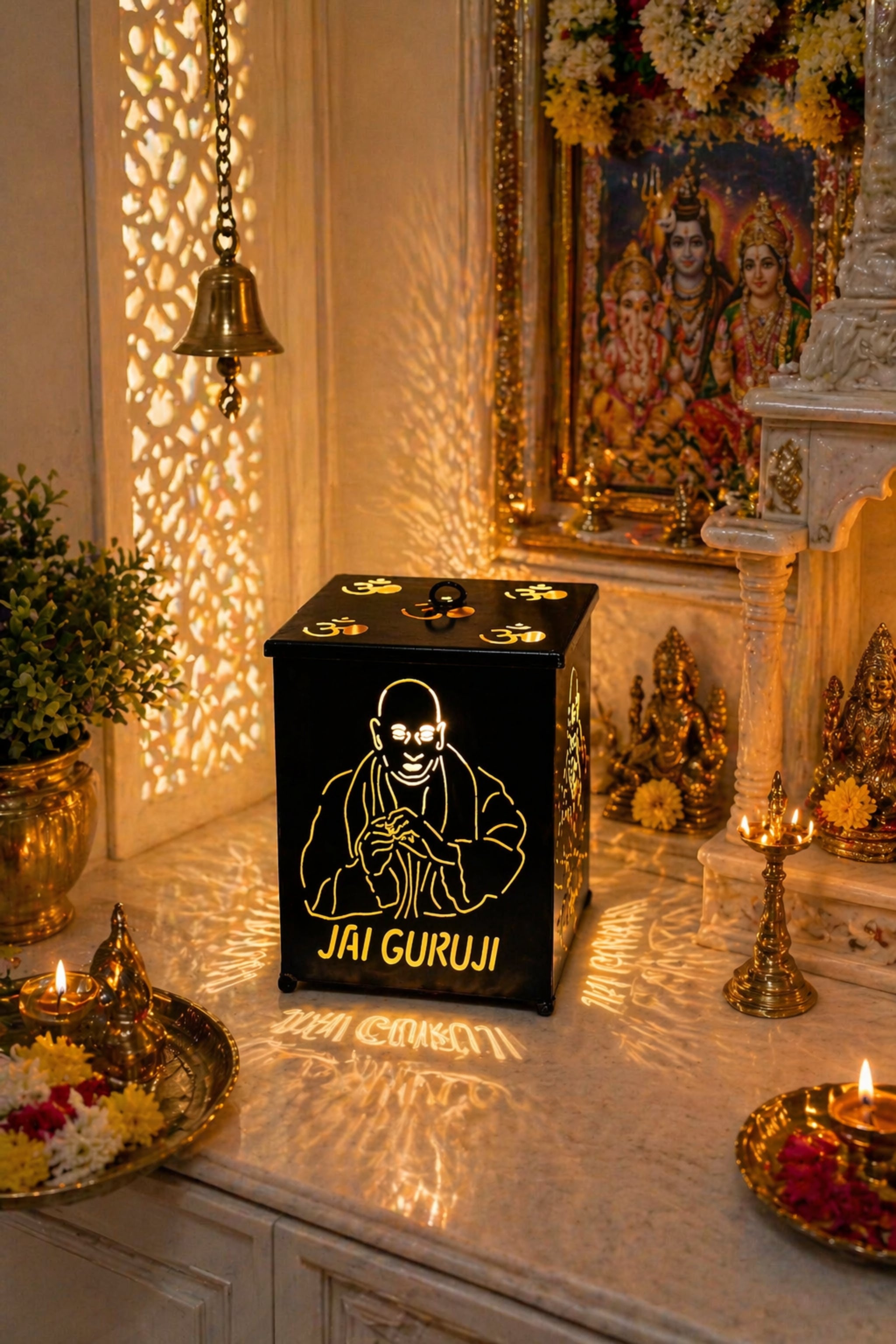 Jai Guruji LED Decorative Lamp with Om Cutwork Design | Spiritual Night Light for Temple, Pooja Room & Home Decor | Shadow Lamp for Diwali, Meditation & Religious Gifting