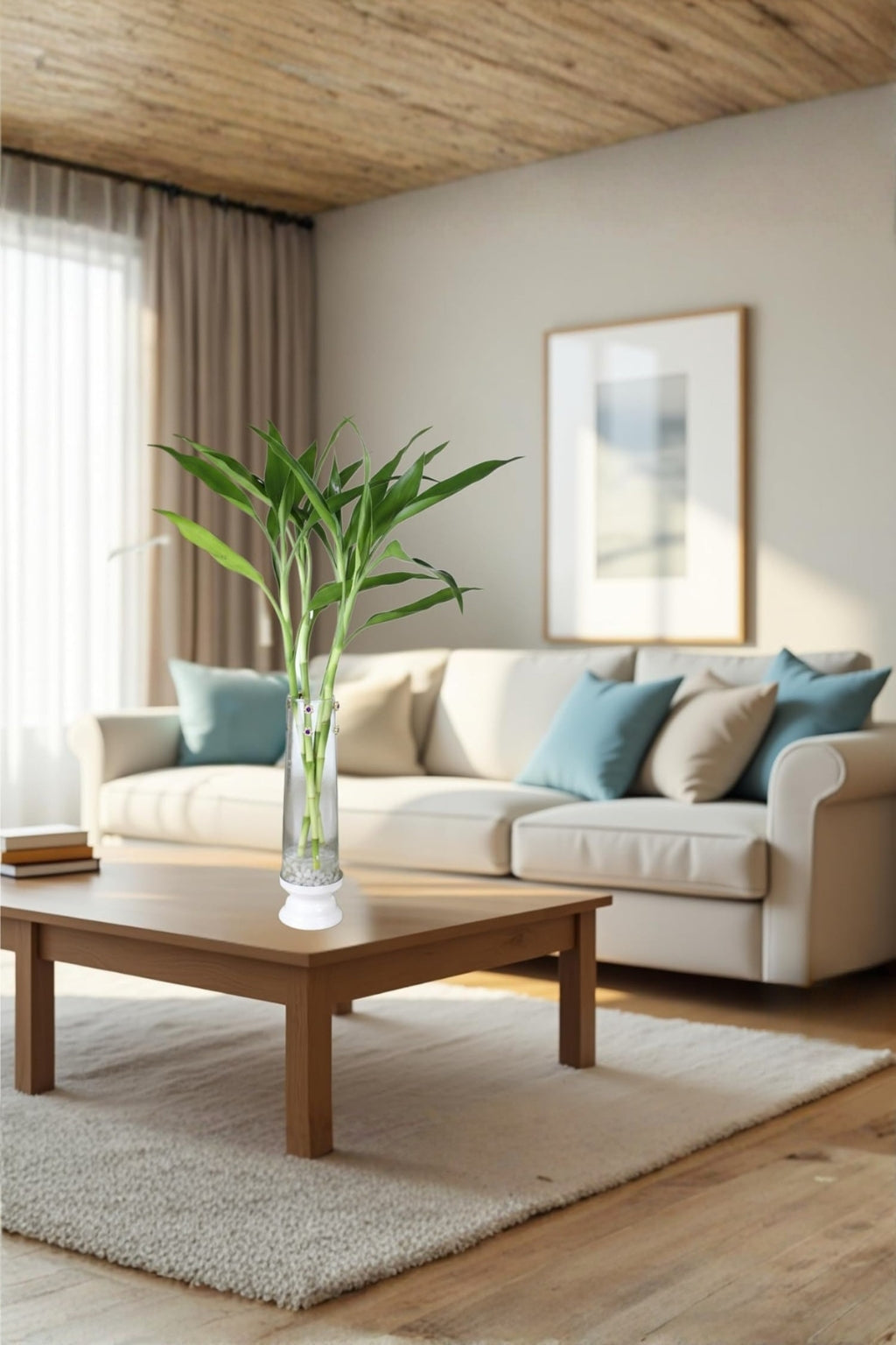 Lucky Bamboo Plant with Leaf Design Metal Holder & Glass Bowl | Decorative Indoor Feng Shui Plant for Home & Office